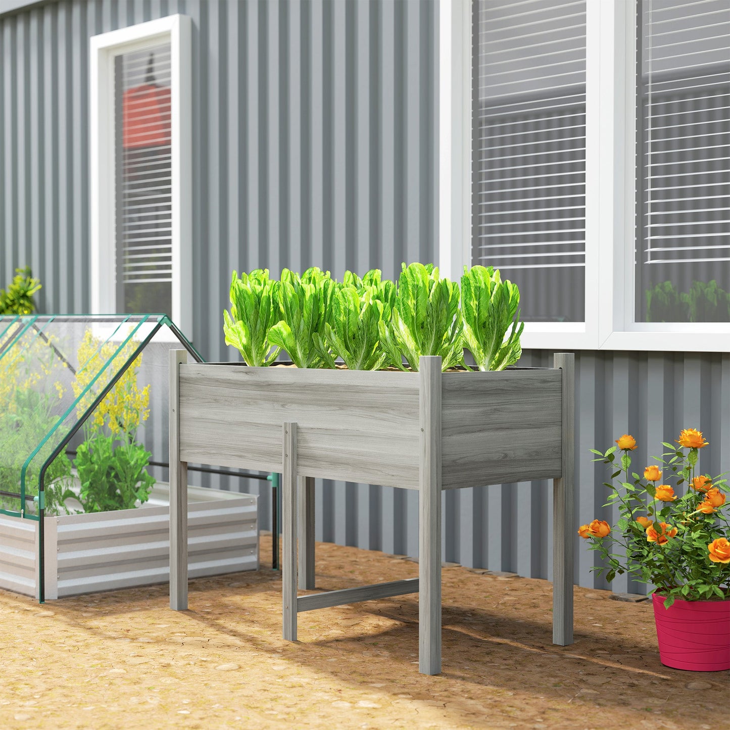 Wooden Raised Garden Bed with Drain Holes, Bed Liner for Vegetables, Flowers, Herbs, Outdoor Elevated Planter Box with Legs for Backyard Patio, 45.3"x21.7"x31.5", Grey