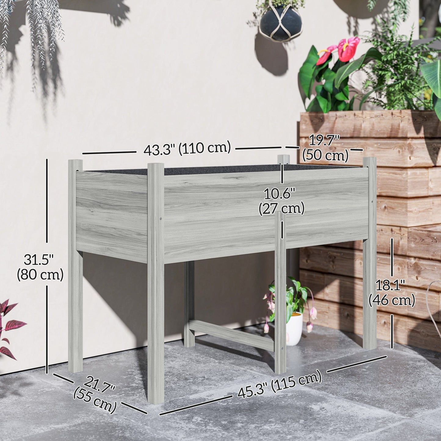 Wooden Raised Garden Bed with Drain Holes, Bed Liner for Vegetables, Flowers, Herbs, Outdoor Elevated Planter Box with Legs for Backyard Patio, 45.3"x21.7"x31.5", Grey