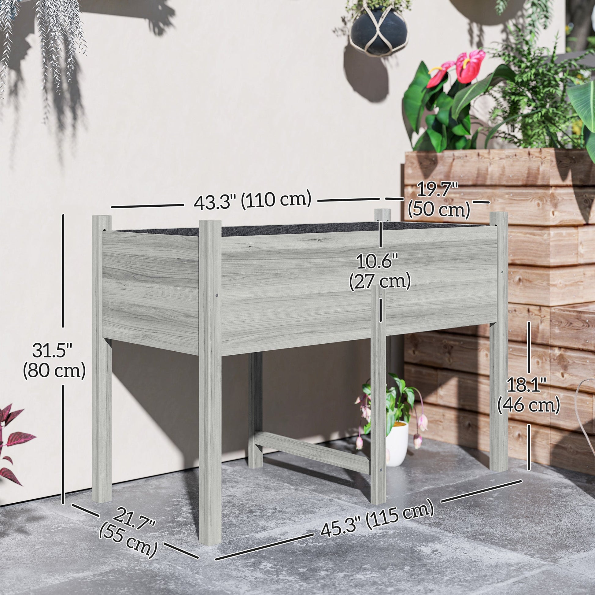 Wooden Raised Garden Bed with Drain Holes, Bed Liner for Vegetables, Flowers, Herbs, Outdoor Elevated Planter Box with Legs for Backyard Patio, 45.3"x21.7"x31.5", Grey