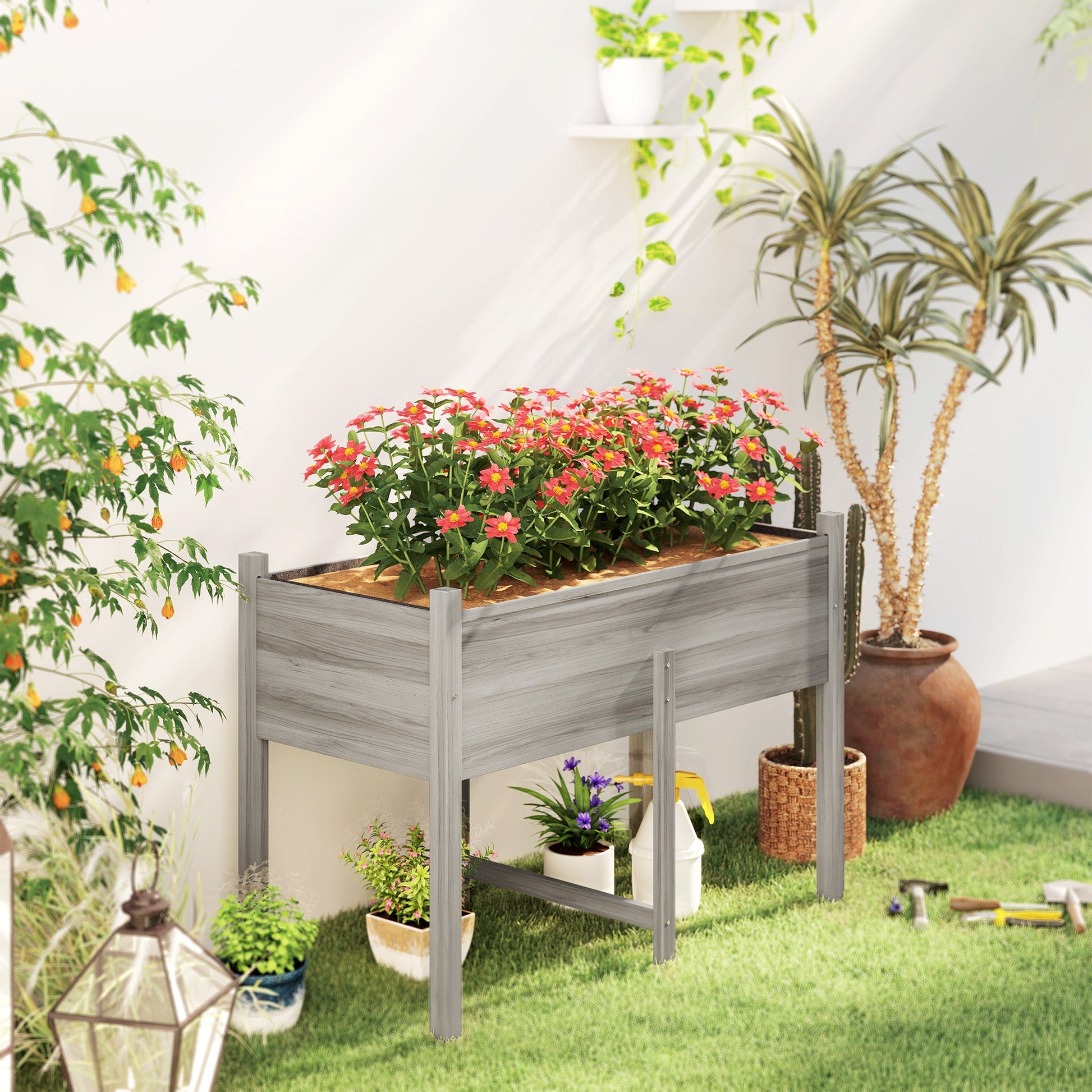 Wooden Raised Garden Bed with Drain Holes, Bed Liner for Vegetables, Flowers, Herbs, Outdoor Elevated Planter Box with Legs for Backyard Patio, 45.3"x21.7"x31.5", Grey