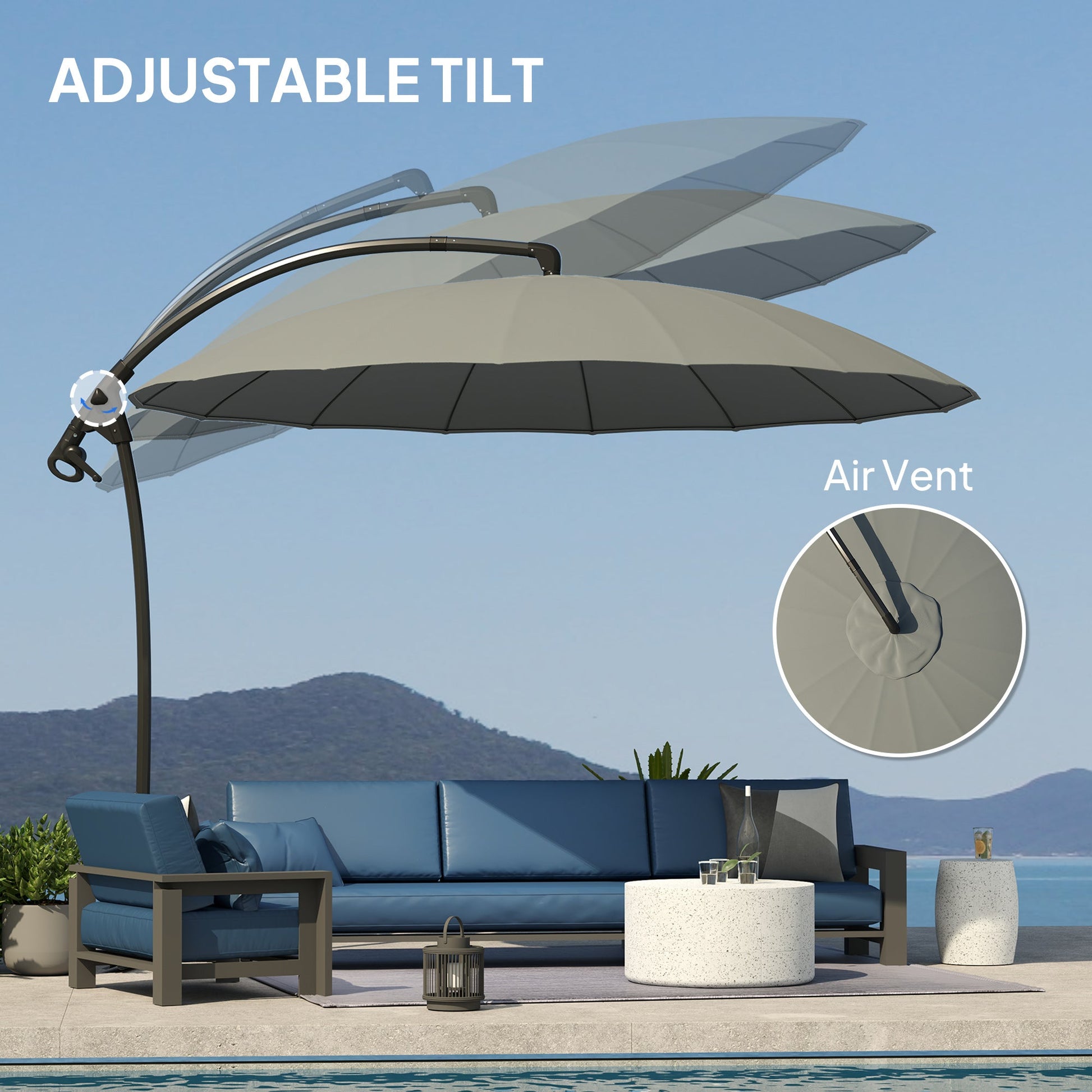 Outsuny 9FT Cantilever Patio Umbrella with 16 Fibreglass Ribs, 360° Rotation, Aluminium Round Offset Hanging Umbrella with Crank and Cross Base for Garden, Yard and Pool, Grey