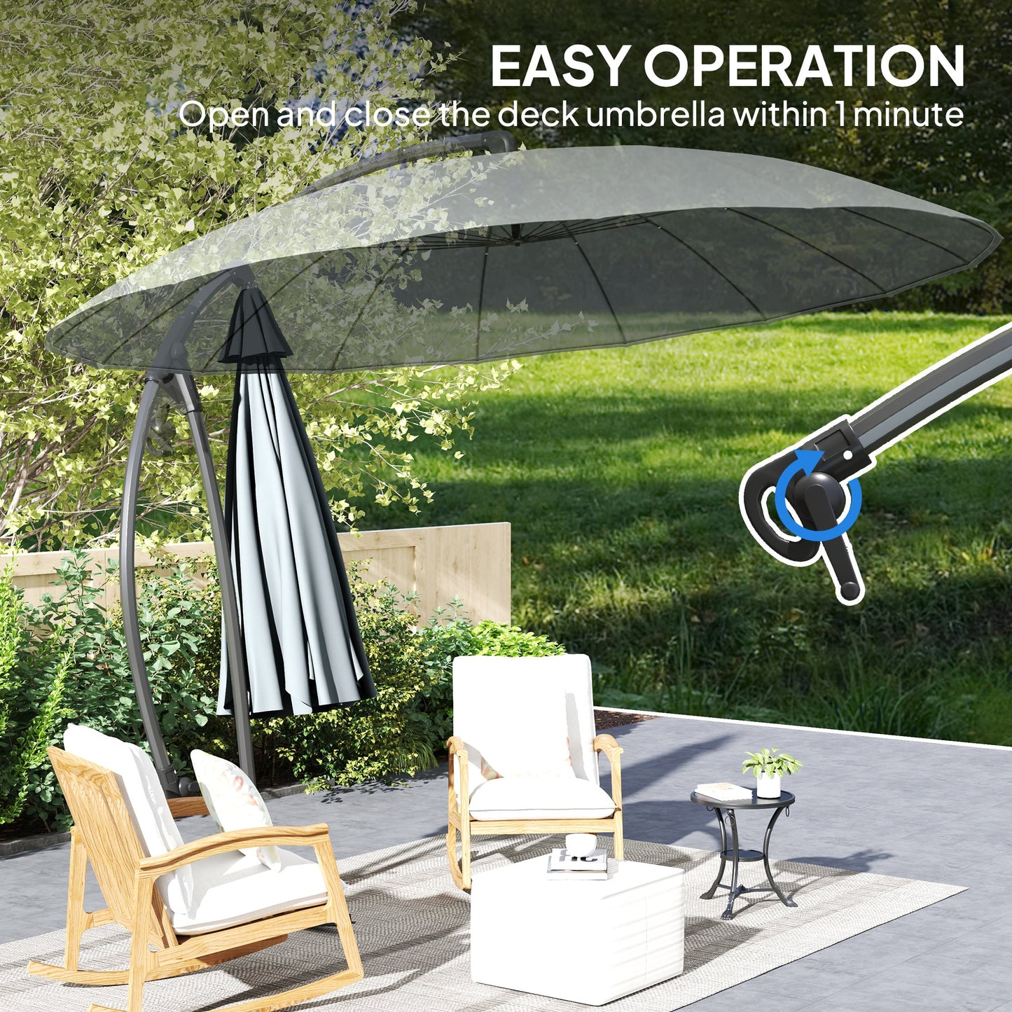 Outsuny 9FT Cantilever Patio Umbrella with 16 Fibreglass Ribs, 360° Rotation, Aluminium Round Offset Hanging Umbrella with Crank and Cross Base for Garden, Yard and Pool, Grey