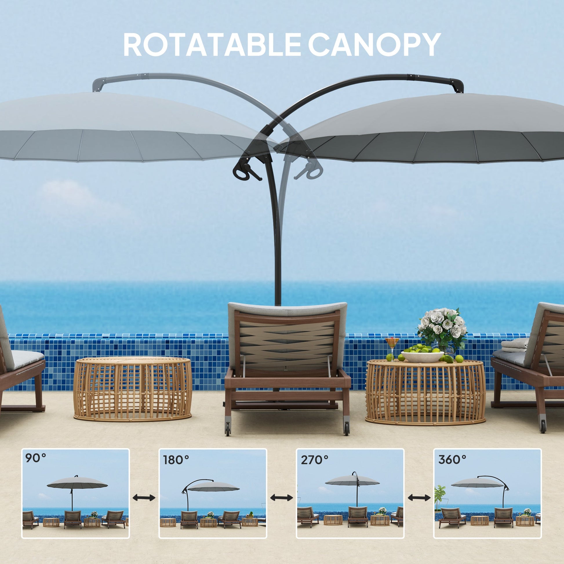 Outsuny 9FT Cantilever Patio Umbrella with 16 Fibreglass Ribs, 360° Rotation, Aluminium Round Offset Hanging Umbrella with Crank and Cross Base for Garden, Yard and Pool, Grey