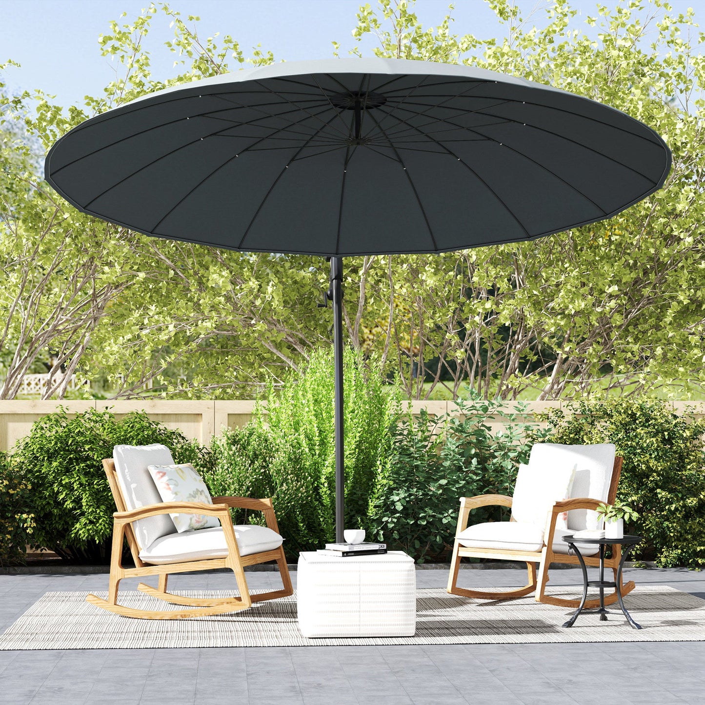 Outsuny 9FT Cantilever Patio Umbrella with 16 Fibreglass Ribs, 360° Rotation, Aluminium Round Offset Hanging Umbrella with Crank and Cross Base for Garden, Yard and Pool, Grey