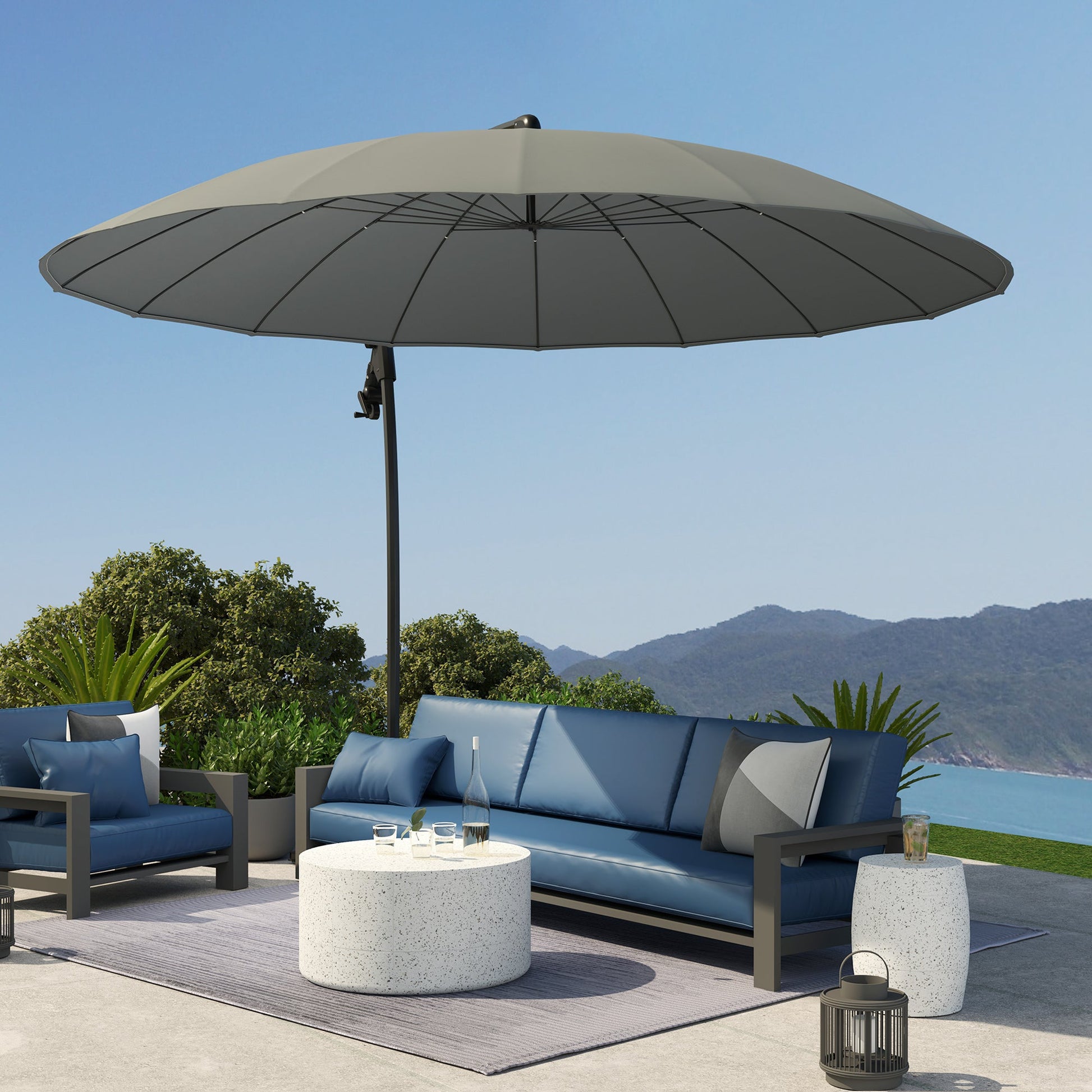 Outsuny 9FT Cantilever Patio Umbrella with 16 Fibreglass Ribs, 360° Rotation, Aluminium Round Offset Hanging Umbrella with Crank and Cross Base for Garden, Yard and Pool, Grey