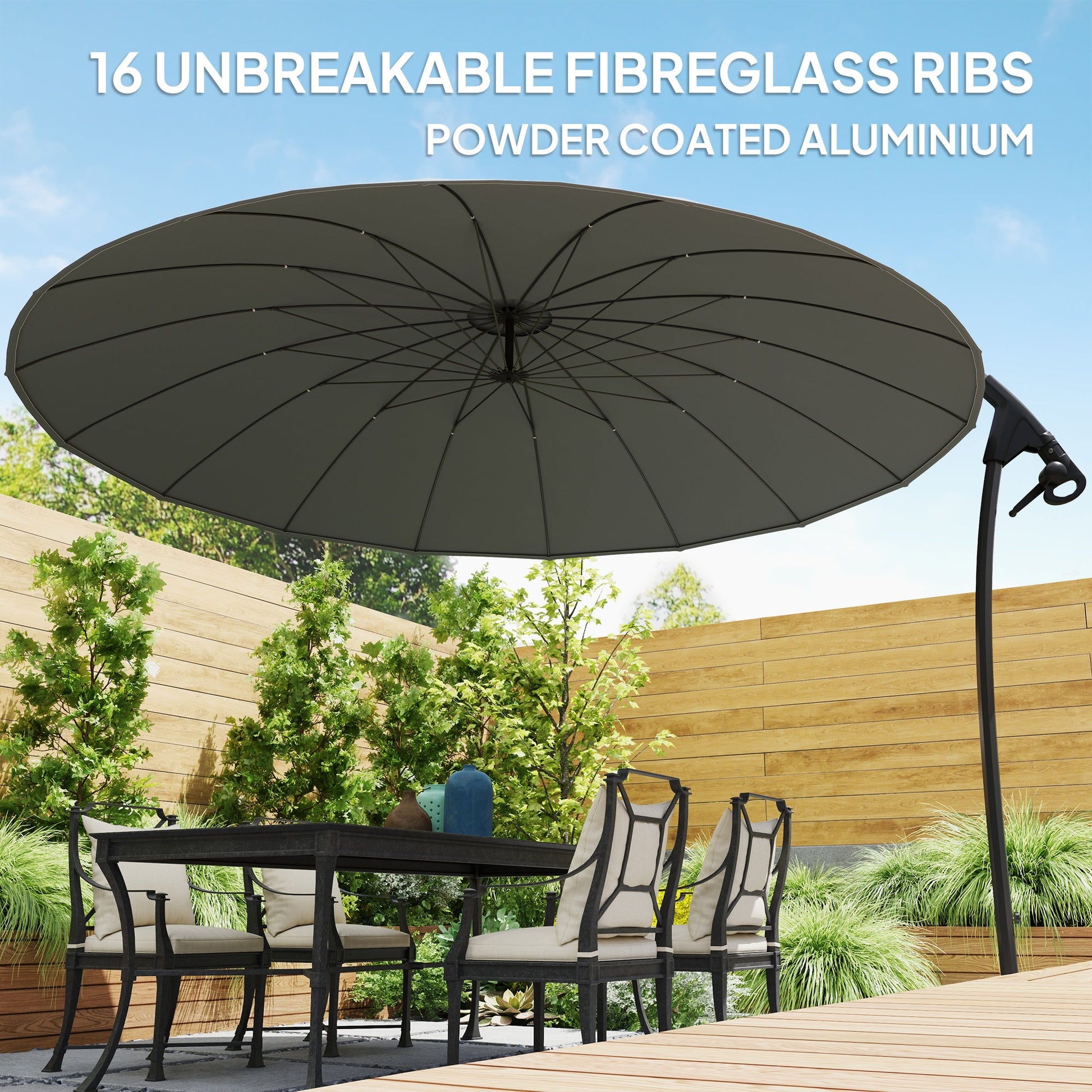 Outsuny 9FT Cantilever Patio Umbrella with 16 Fibreglass Ribs, 360° Rotation, Aluminium Round Offset Hanging Umbrella with Crank and Cross Base for Garden, Yard and Pool, Grey