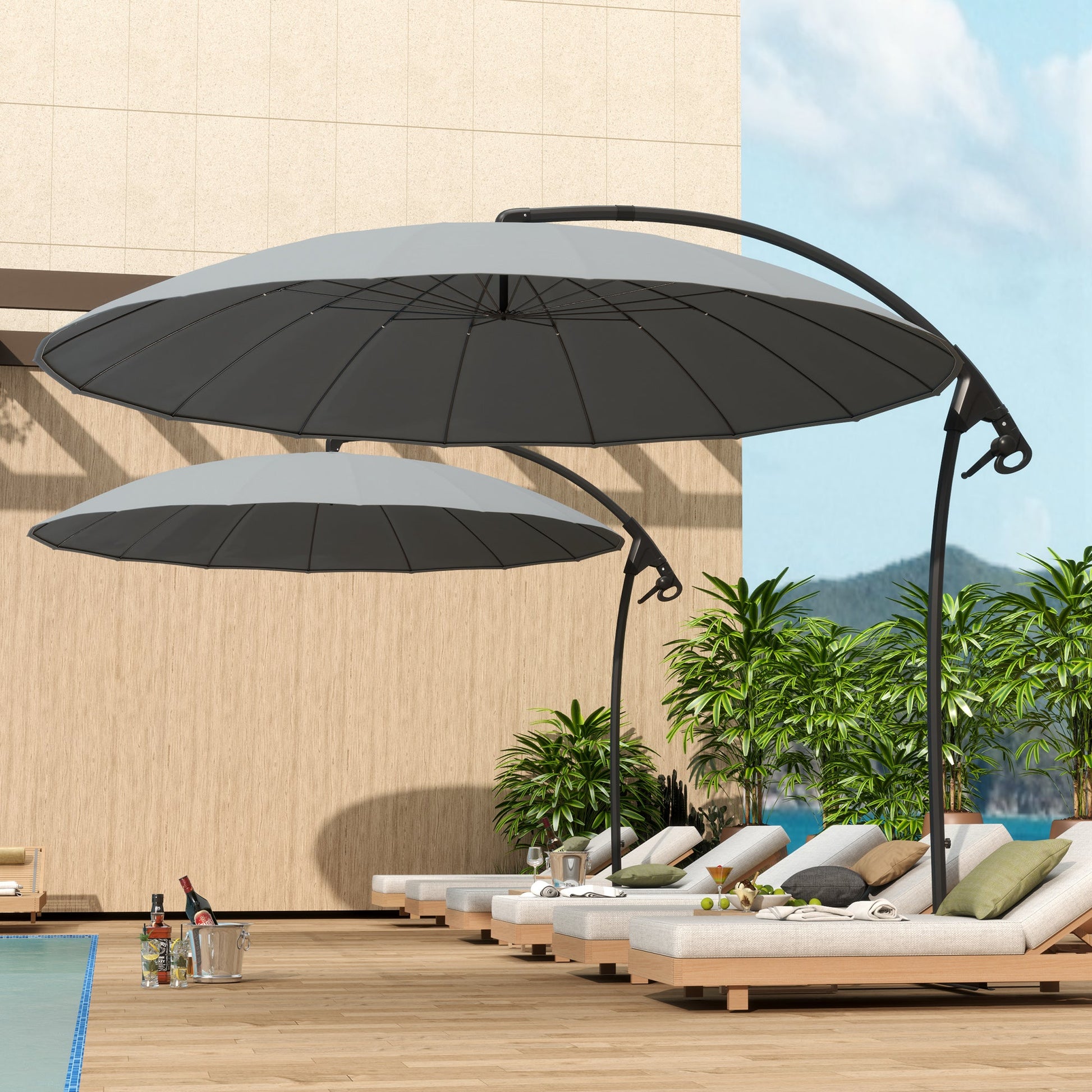 Outsuny 9FT Cantilever Patio Umbrella with 16 Fibreglass Ribs, 360° Rotation, Aluminium Round Offset Hanging Umbrella with Crank and Cross Base for Garden, Yard and Pool, Grey