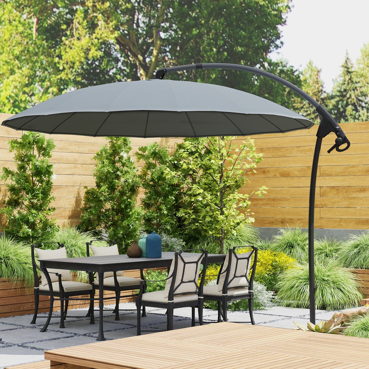 Outsuny 9FT Cantilever Patio Umbrella with 16 Fibreglass Ribs, 360° Rotation, Aluminium Round Offset Hanging Umbrella with Crank and Cross Base for Garden, Yard and Pool, Grey