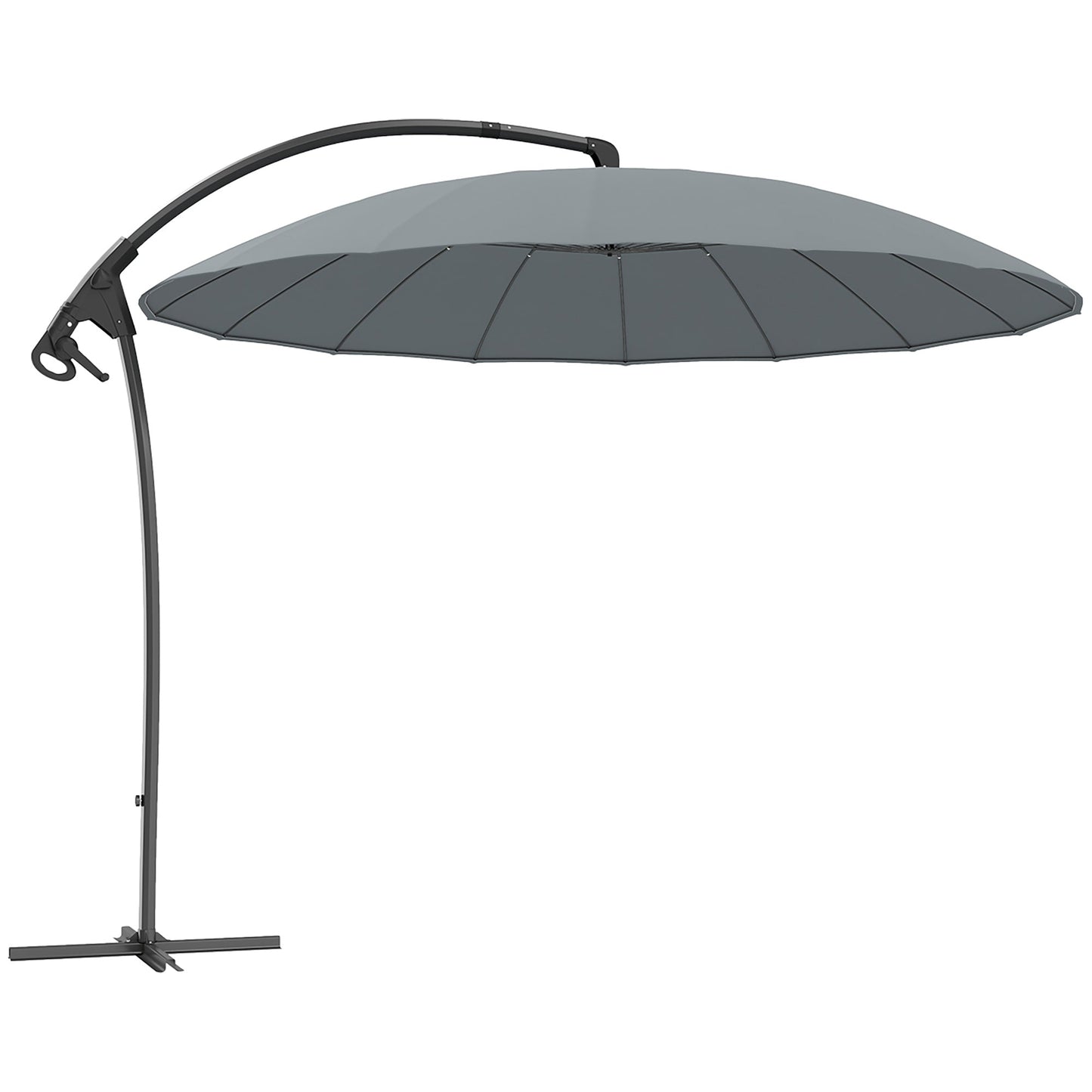 Outsuny 9FT Cantilever Patio Umbrella with 16 Fibreglass Ribs, 360° Rotation, Aluminium Round Offset Hanging Umbrella with Crank and Cross Base for Garden, Yard and Pool, Grey