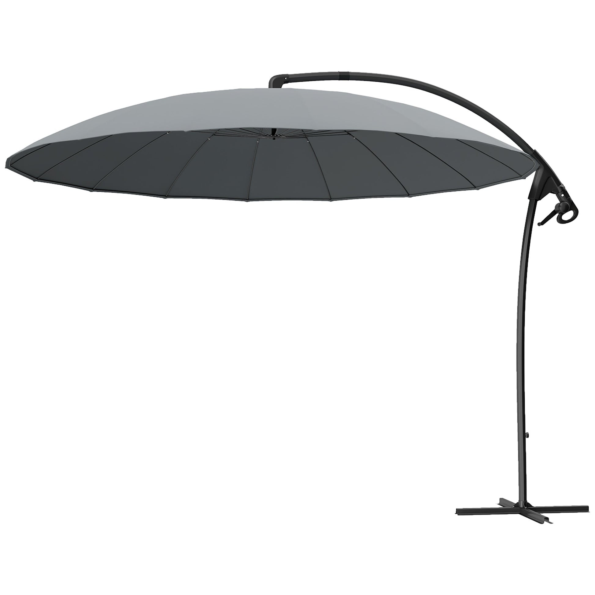 Outsuny 9FT Cantilever Patio Umbrella with 16 Fibreglass Ribs, 360° Rotation, Aluminium Round Offset Hanging Umbrella with Crank and Cross Base for Garden, Yard and Pool, Grey