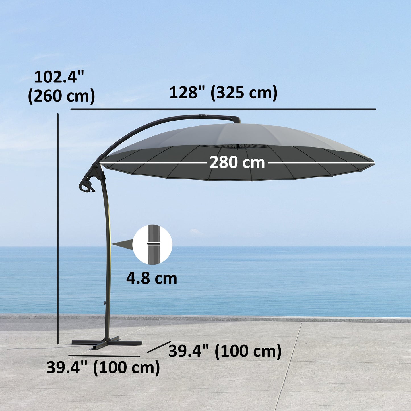 Outsuny 9FT Cantilever Patio Umbrella with 16 Fibreglass Ribs, 360° Rotation, Aluminium Round Offset Hanging Umbrella with Crank and Cross Base for Garden, Yard and Pool, Grey