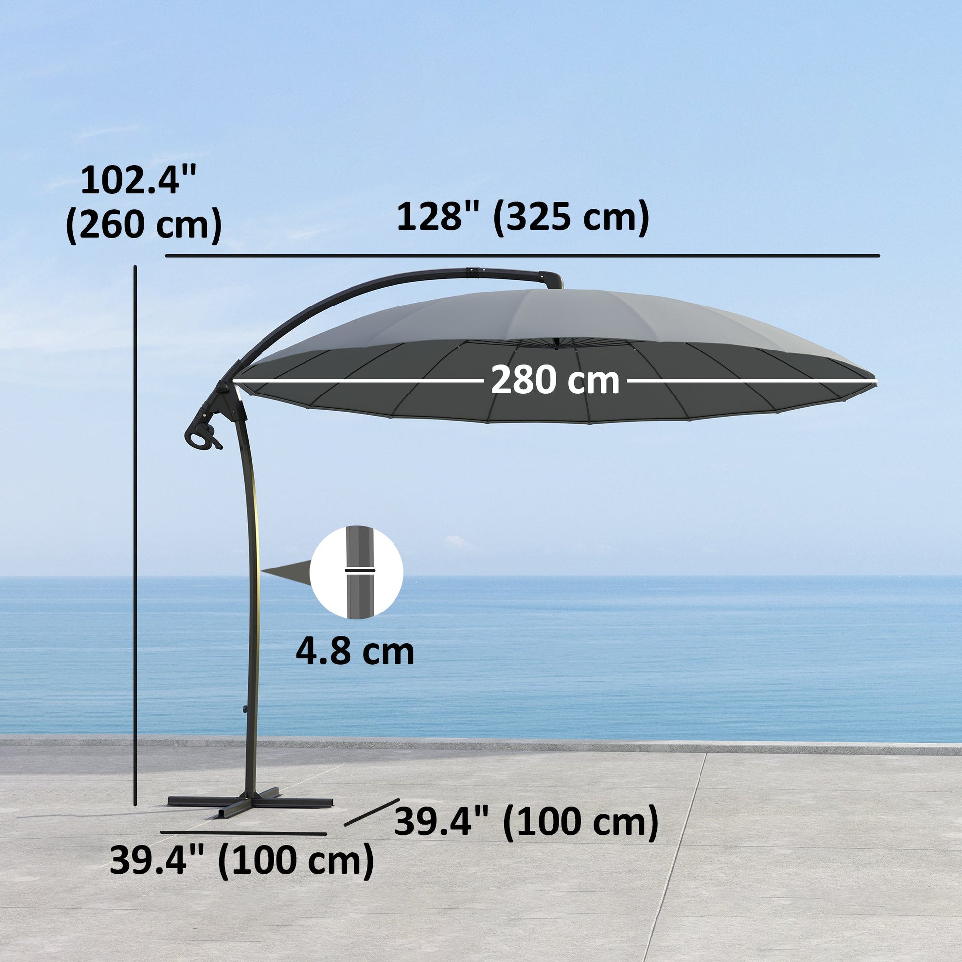 Outsuny 9FT Cantilever Patio Umbrella with 16 Fibreglass Ribs, 360° Rotation, Aluminium Round Offset Hanging Umbrella with Crank and Cross Base for Garden, Yard and Pool, Grey