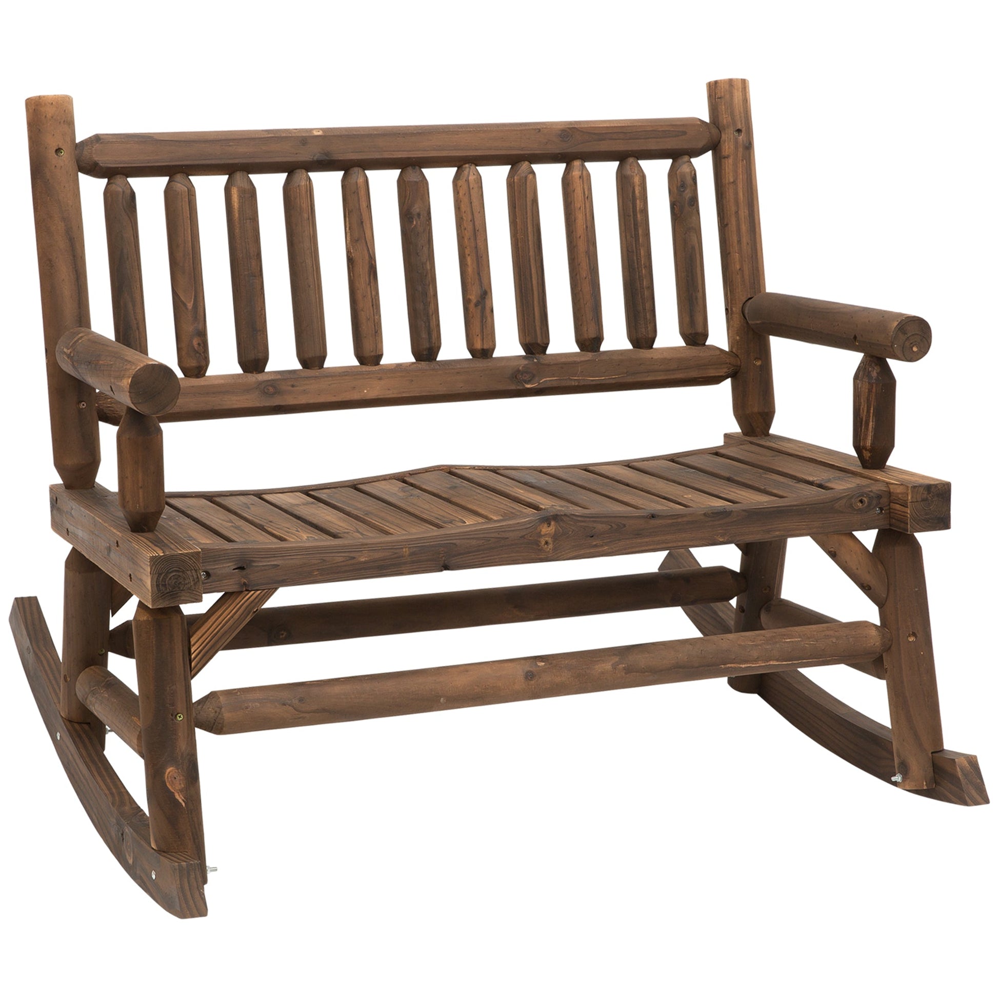2-Person Outdoor Rocking Chair, Wood Patio Rocker, Porch Rocking Bench with Slat Back and Seat, Carbonized Colour