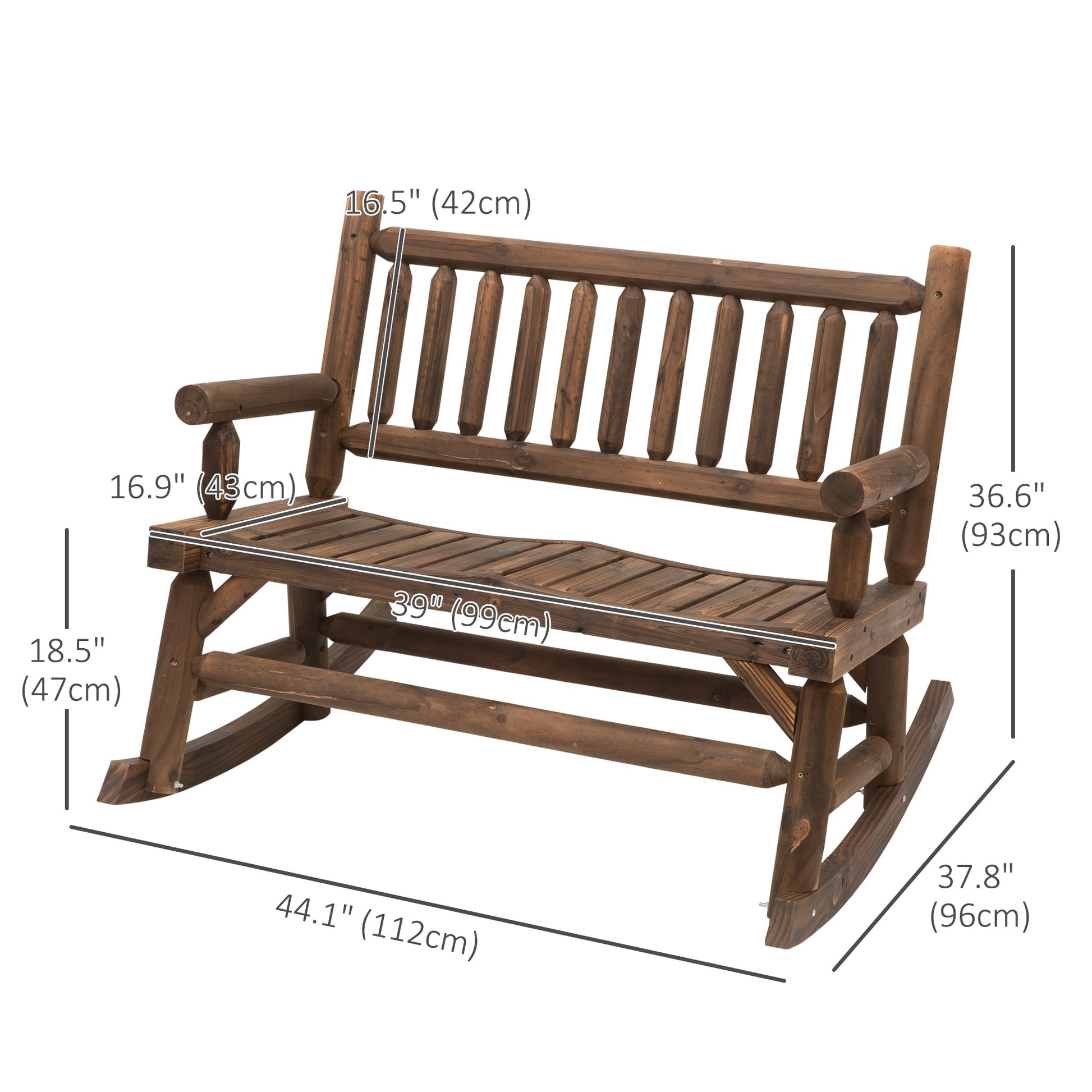 2-Person Outdoor Rocking Chair, Wood Patio Rocker, Porch Rocking Bench with Slat Back and Seat, Carbonized Colour