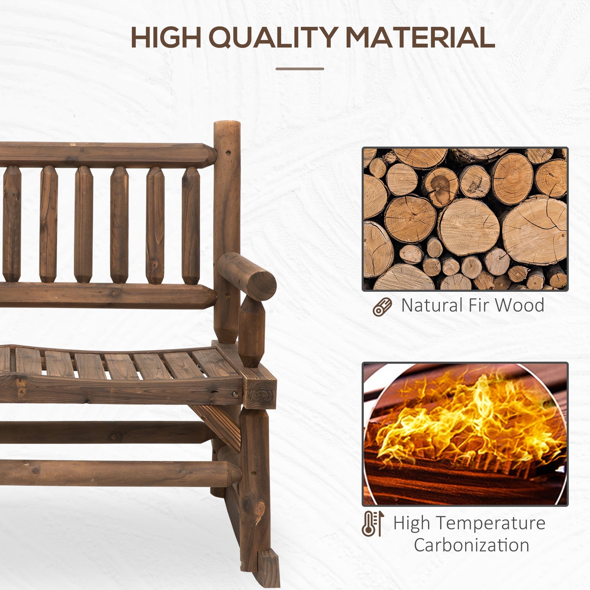 2-Person Outdoor Rocking Chair, Wood Patio Rocker, Porch Rocking Bench with Slat Back and Seat, Carbonized Colour