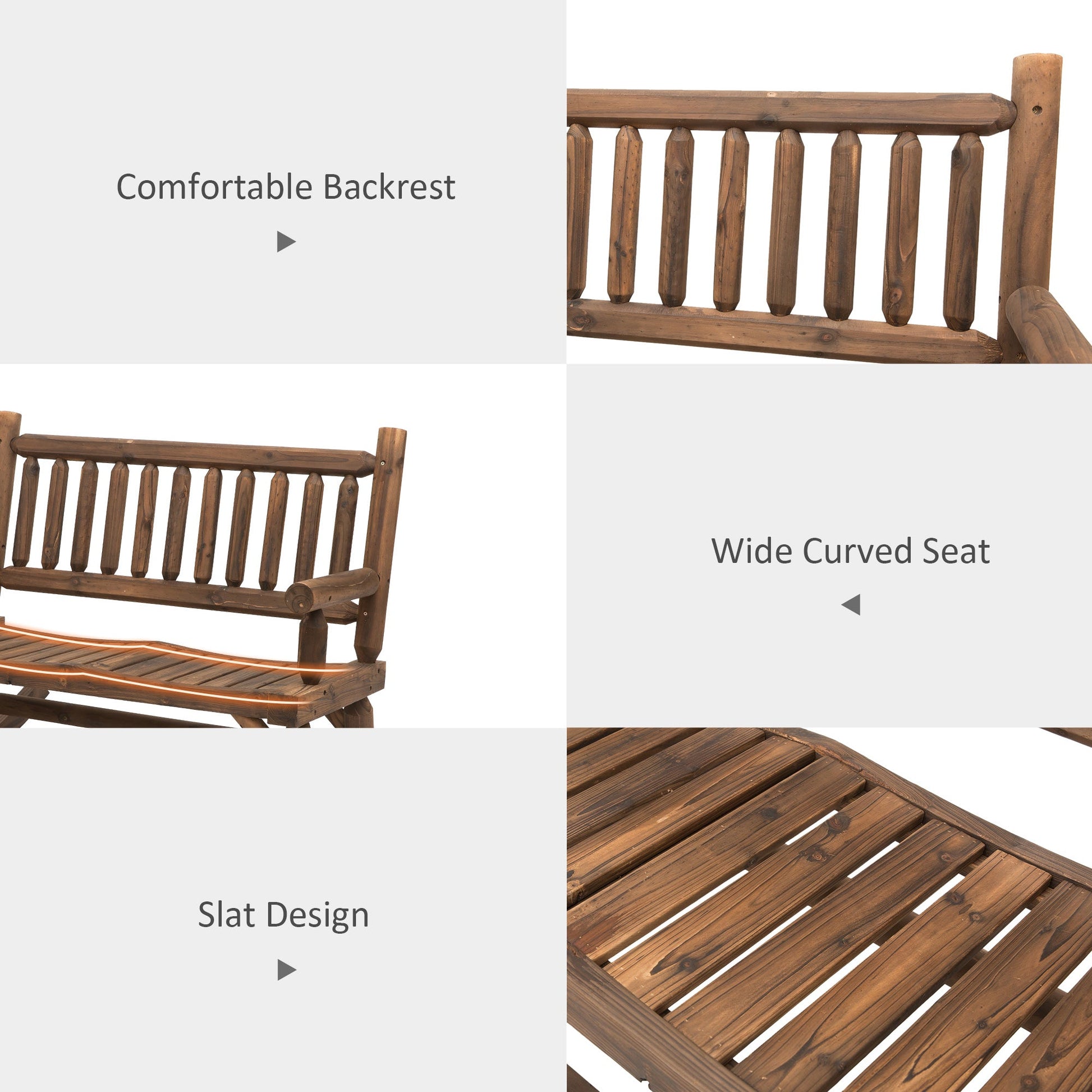 2-Person Outdoor Rocking Chair, Wood Patio Rocker, Porch Rocking Bench with Slat Back and Seat, Carbonized Colour