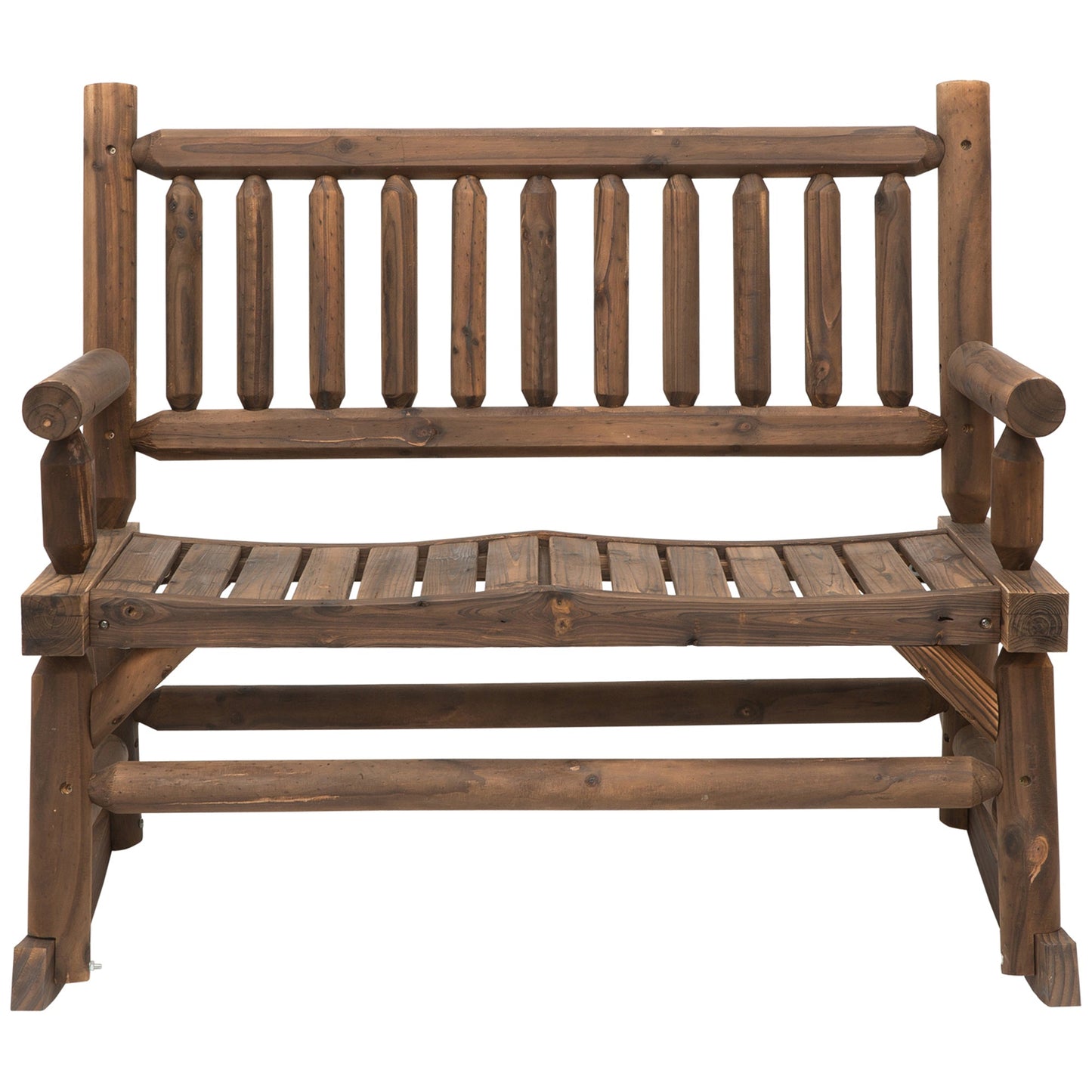 2-Person Outdoor Rocking Chair, Wood Patio Rocker, Porch Rocking Bench with Slat Back and Seat, Carbonized Colour