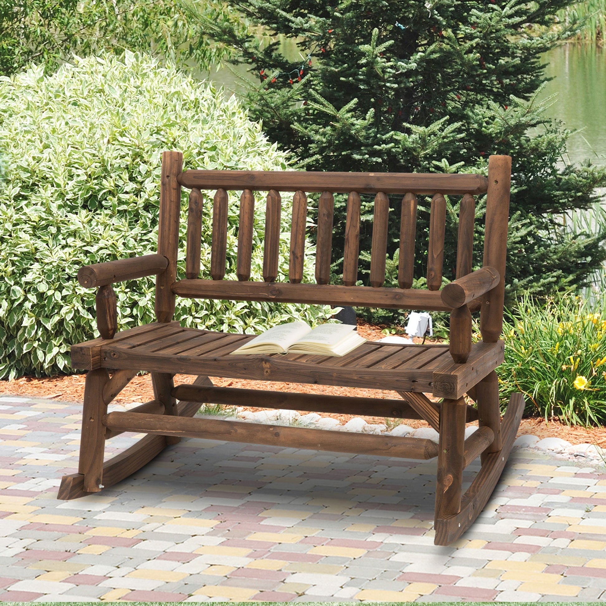 2-Person Outdoor Rocking Chair, Wood Patio Rocker, Porch Rocking Bench with Slat Back and Seat, Carbonized Colour