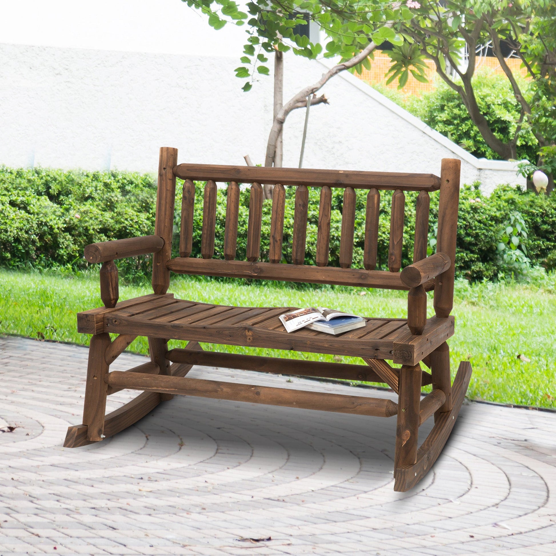 2-Person Outdoor Rocking Chair, Wood Patio Rocker, Porch Rocking Bench with Slat Back and Seat, Carbonized Colour