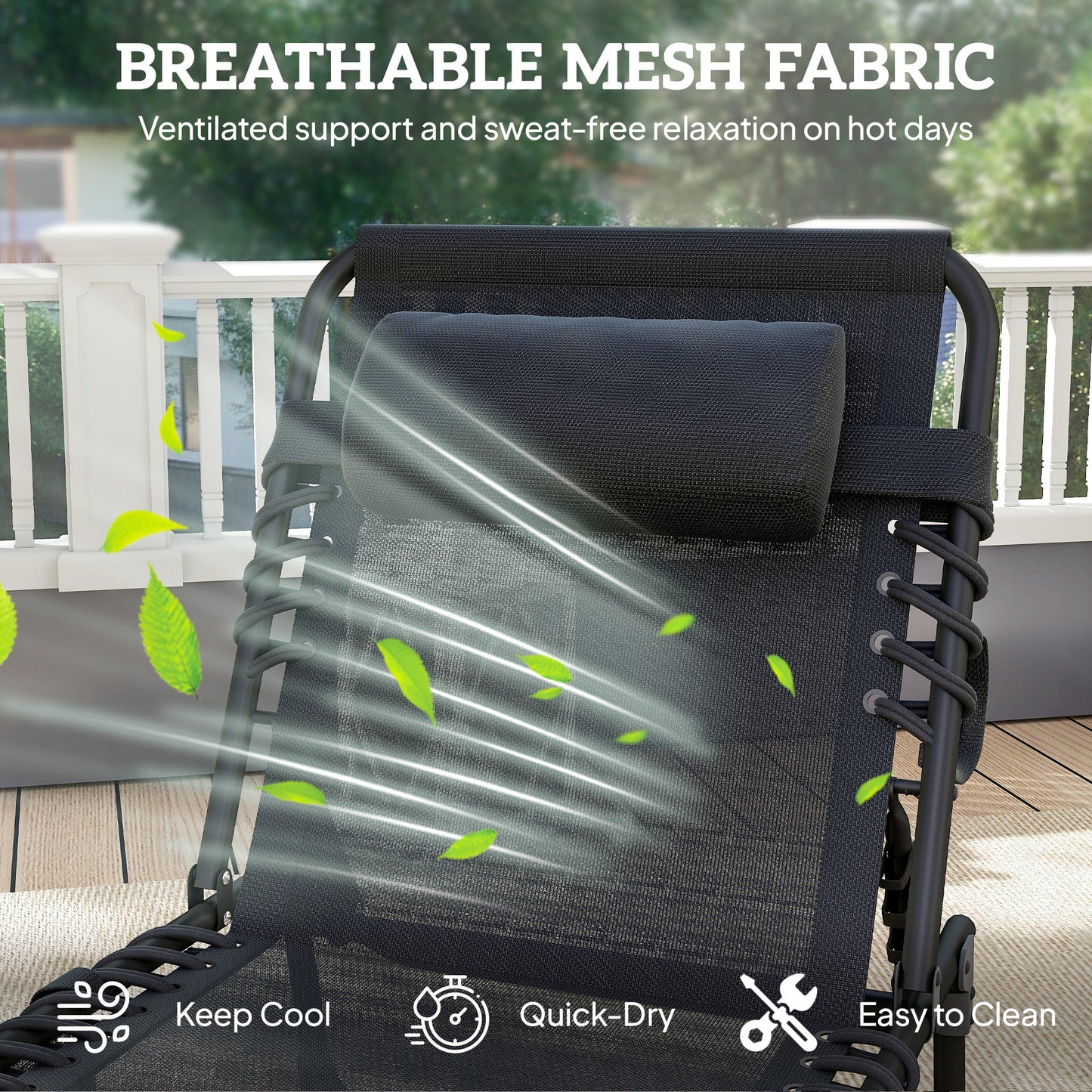 Folding Lounge Chair, Reclining Tanning Chair, Portable Sun Lounger with Adjustable Backrest and Removable Pillow for Patio, Garden, Beach, Black