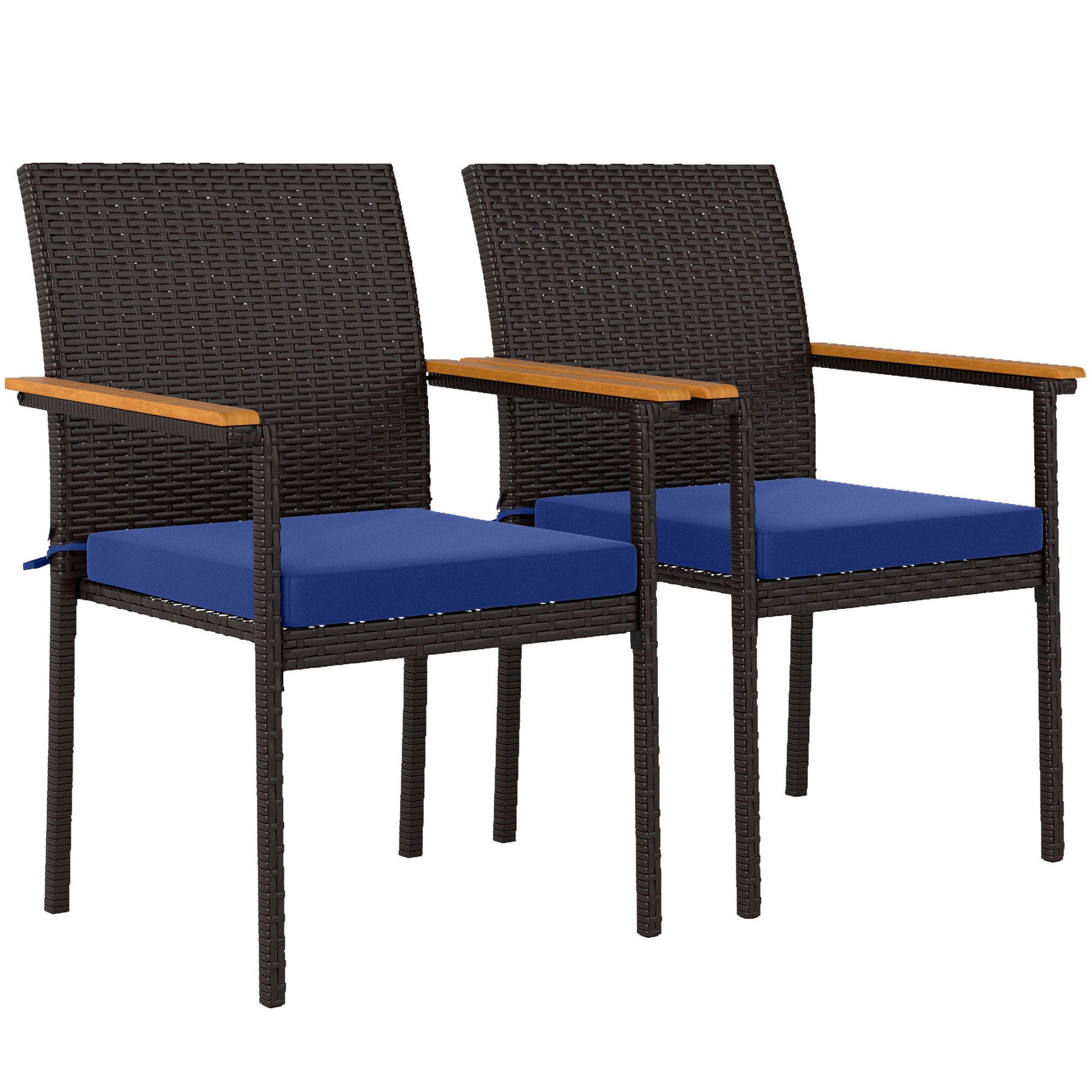 Stackable Wicker Patio Chairs Set of 2, PE Rattan Outdoor Dining Chairs with Removable Cushion, Armrest for Garden, Porch, Yard, Navy Blue