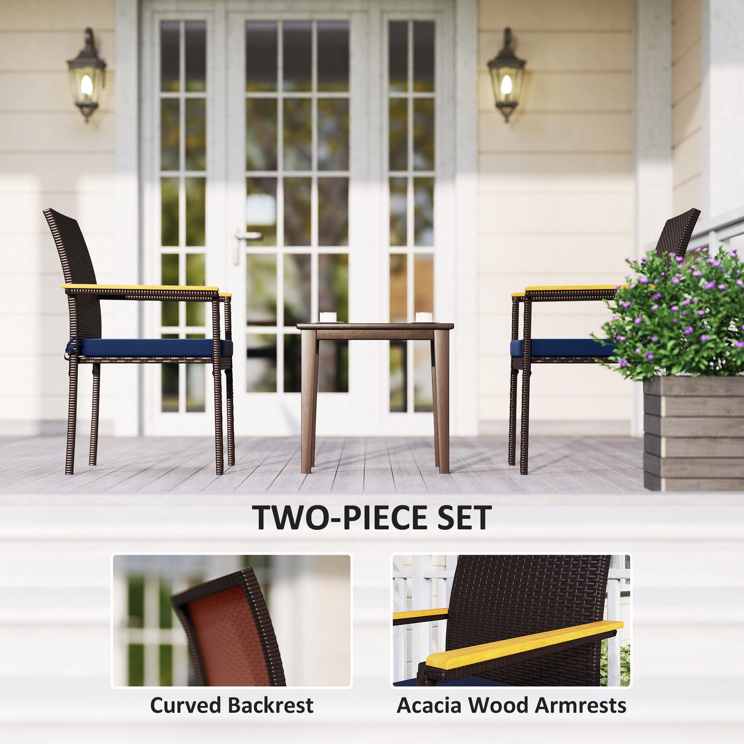 Stackable Wicker Patio Chairs Set of 2, PE Rattan Outdoor Dining Chairs with Removable Cushion, Armrest for Garden, Porch, Yard, Navy Blue