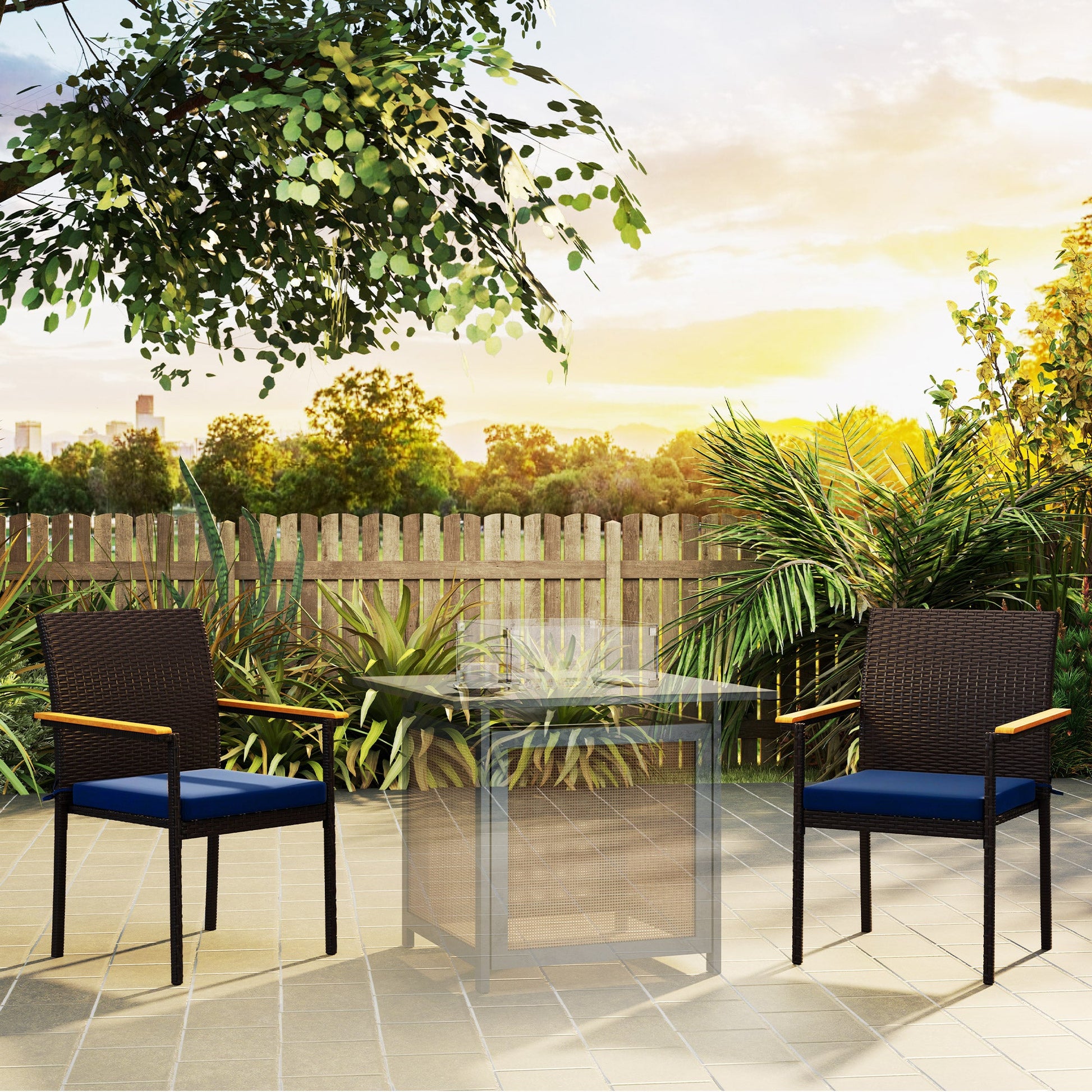 Stackable Wicker Patio Chairs Set of 2, PE Rattan Outdoor Dining Chairs with Removable Cushion, Armrest for Garden, Porch, Yard, Navy Blue