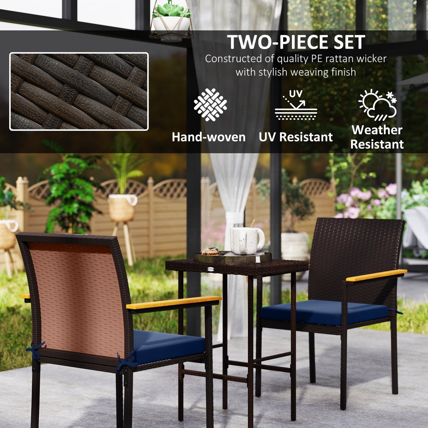 Stackable Wicker Patio Chairs Set of 2, PE Rattan Outdoor Dining Chairs with Removable Cushion, Armrest for Garden, Porch, Yard, Navy Blue