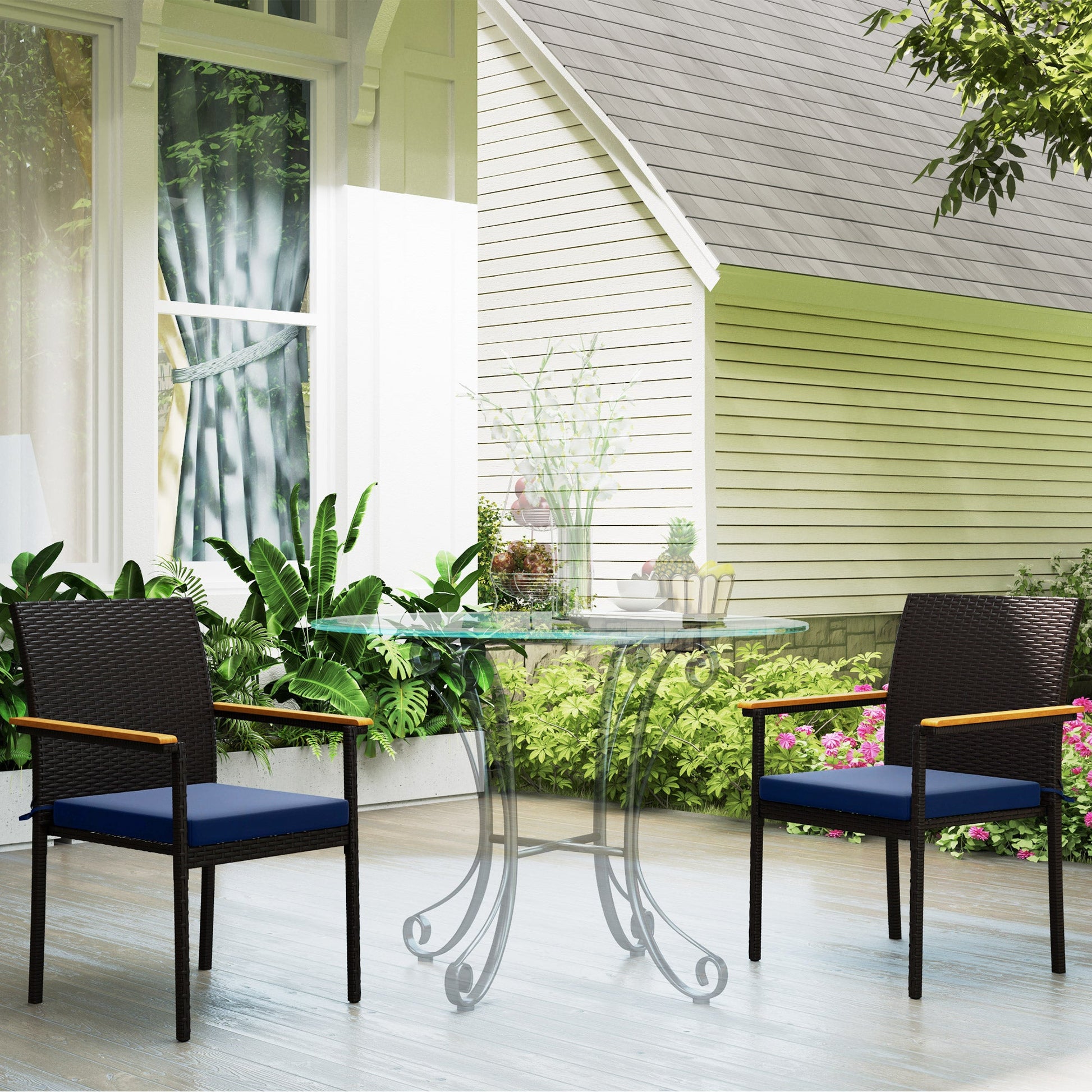 Stackable Wicker Patio Chairs Set of 2, PE Rattan Outdoor Dining Chairs with Removable Cushion, Armrest for Garden, Porch, Yard, Navy Blue