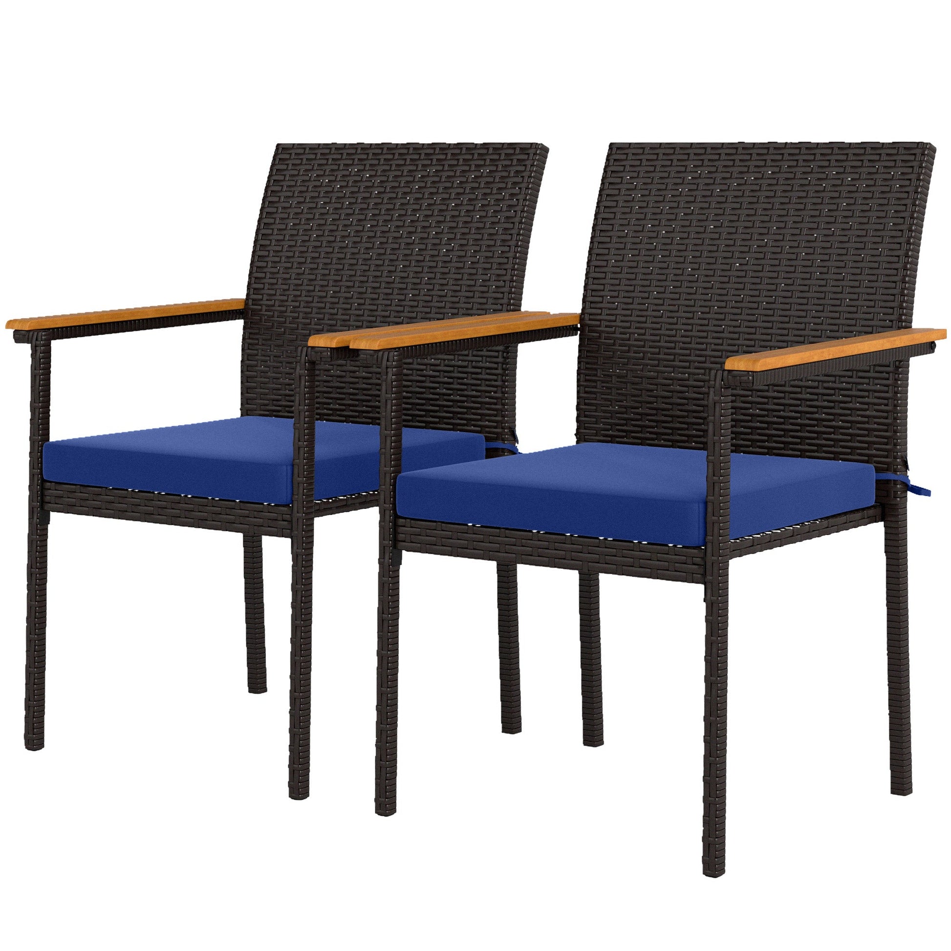 Stackable Wicker Patio Chairs Set of 2, PE Rattan Outdoor Dining Chairs with Removable Cushion, Armrest for Garden, Porch, Yard, Navy Blue