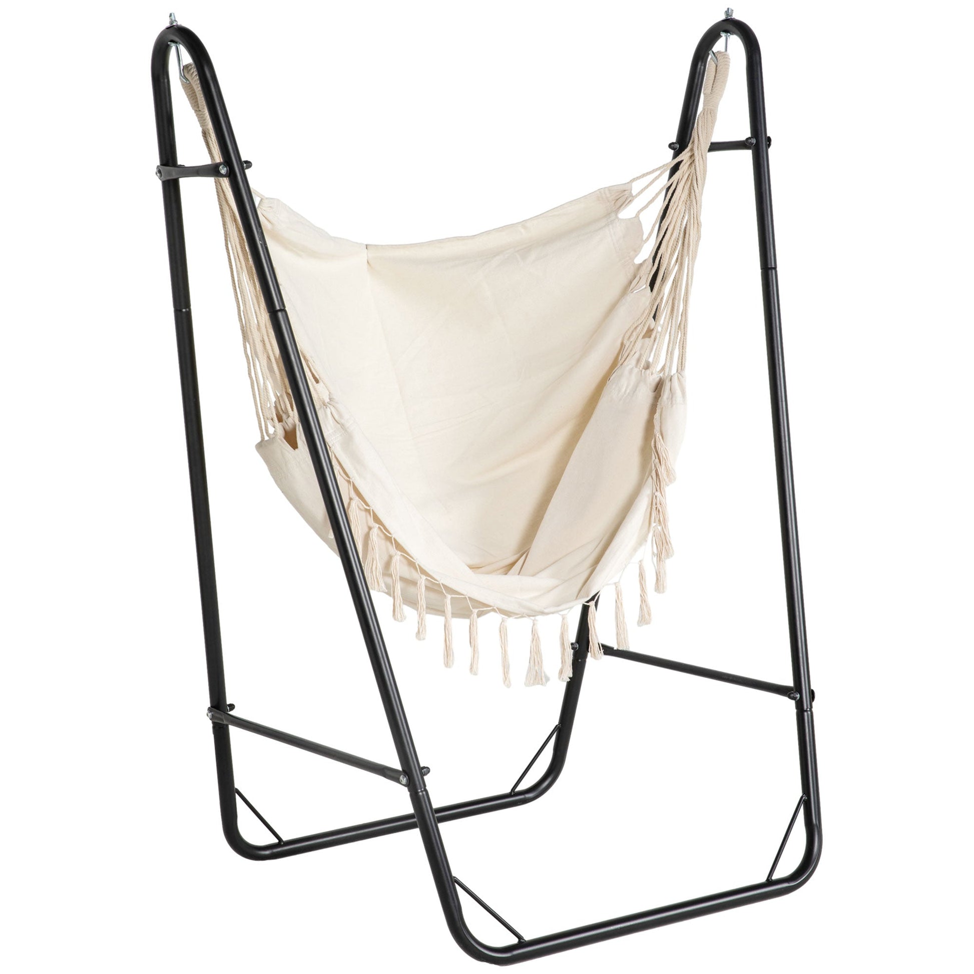 Patio Hammock Chair with U Shape Stand, Outdoor Hammock Swing Hanging Lounge Chair with Side Pocket, Cream White