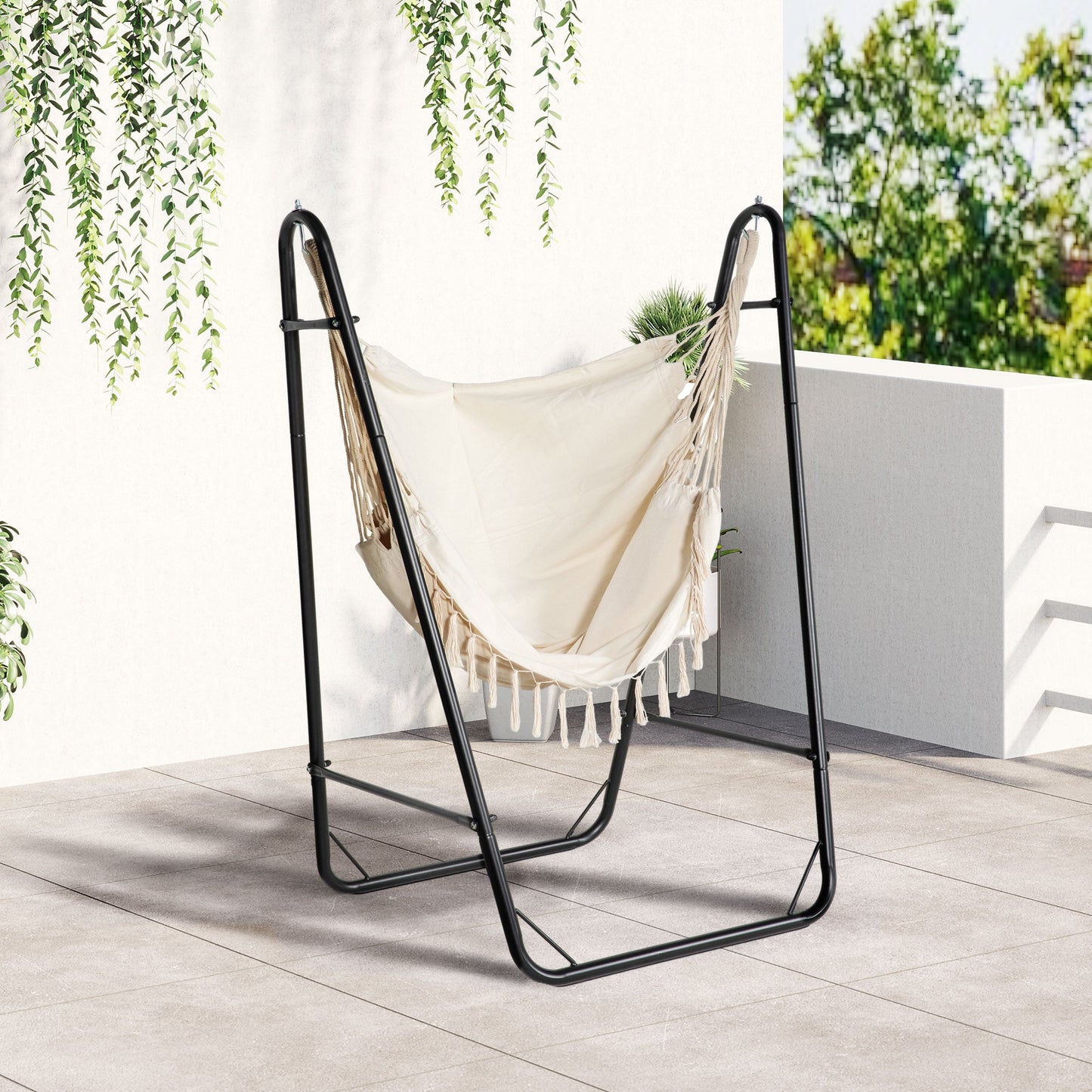 Patio Hammock Chair with U Shape Stand, Outdoor Hammock Swing Hanging Lounge Chair with Side Pocket, Cream White