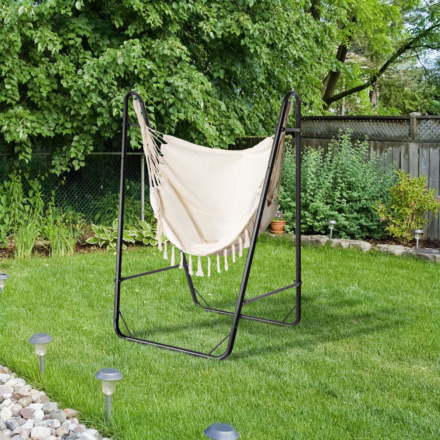 Patio Hammock Chair with U Shape Stand, Outdoor Hammock Swing Hanging Lounge Chair with Side Pocket, Cream White