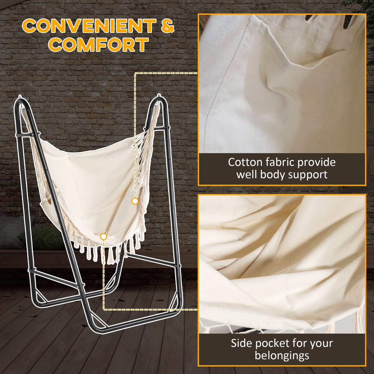 Patio Hammock Chair with U Shape Stand, Outdoor Hammock Swing Hanging Lounge Chair with Side Pocket, Cream White