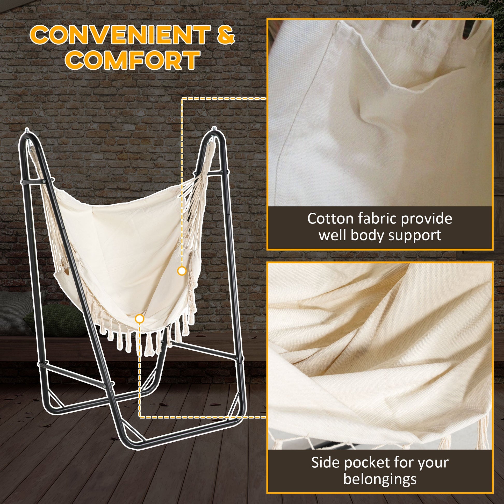 Patio Hammock Chair with U Shape Stand, Outdoor Hammock Swing Hanging Lounge Chair with Side Pocket, Cream White