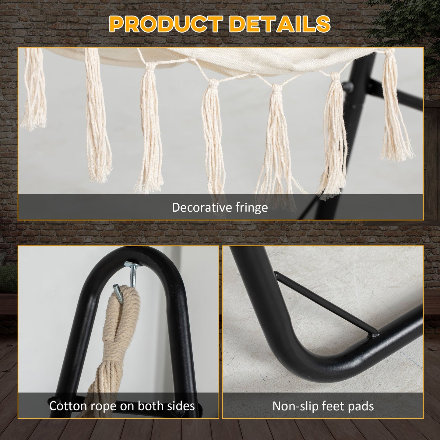Patio Hammock Chair with U Shape Stand, Outdoor Hammock Swing Hanging Lounge Chair with Side Pocket, Cream White