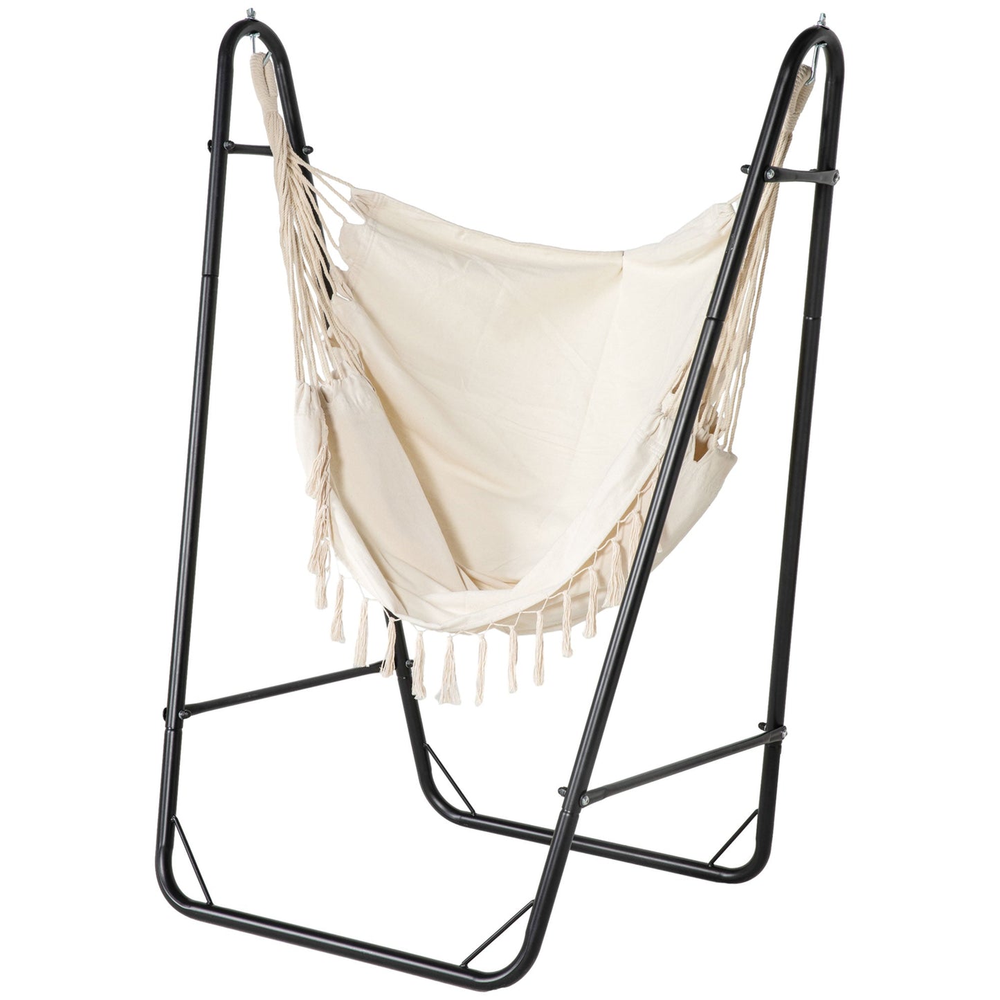 Patio Hammock Chair with U Shape Stand, Outdoor Hammock Swing Hanging Lounge Chair with Side Pocket, Cream White