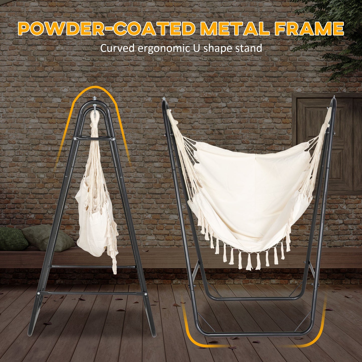 Patio Hammock Chair with U Shape Stand, Outdoor Hammock Swing Hanging Lounge Chair with Side Pocket, Cream White