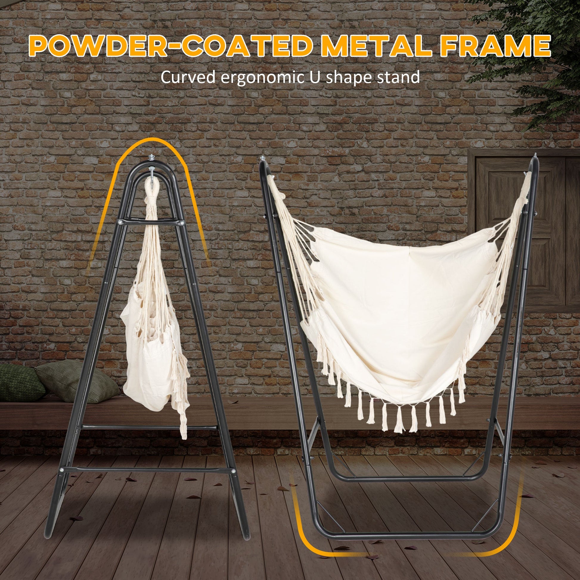 Patio Hammock Chair with U Shape Stand, Outdoor Hammock Swing Hanging Lounge Chair with Side Pocket, Cream White