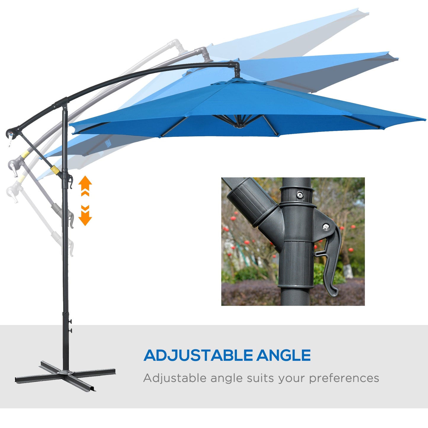 10ft Offset Patio Umbrella with Base, Garden Hanging Parasol with Crank, Banana Cantilever Umbrella Sun Shade, Blue