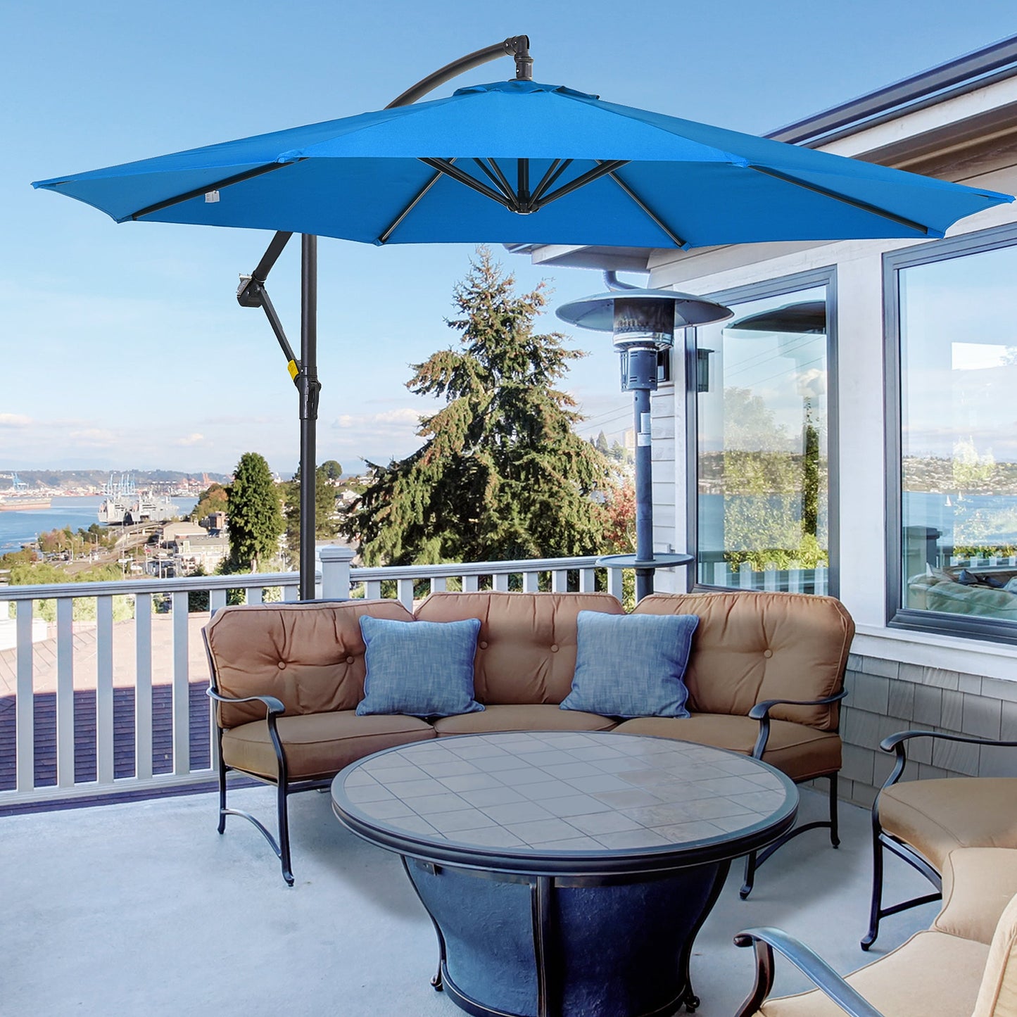 10ft Offset Patio Umbrella with Base, Garden Hanging Parasol with Crank, Banana Cantilever Umbrella Sun Shade, Blue