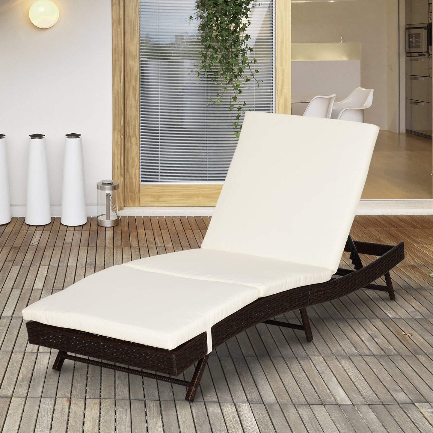 Wicker Patio Lounger, Outdoor S Shape Recliners Lounge Chair w/ 5-Level Adjustable Backrest, Soft Padded Cushion for Outdoor Use, Cream White