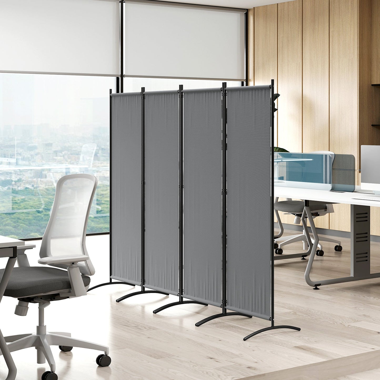 4 Panel Folding Room Divider, 5.6FT Privacy Screen with Wide Feet, Portable Freestanding Room Partition Separator for Home Office Bedroom, Dark Grey