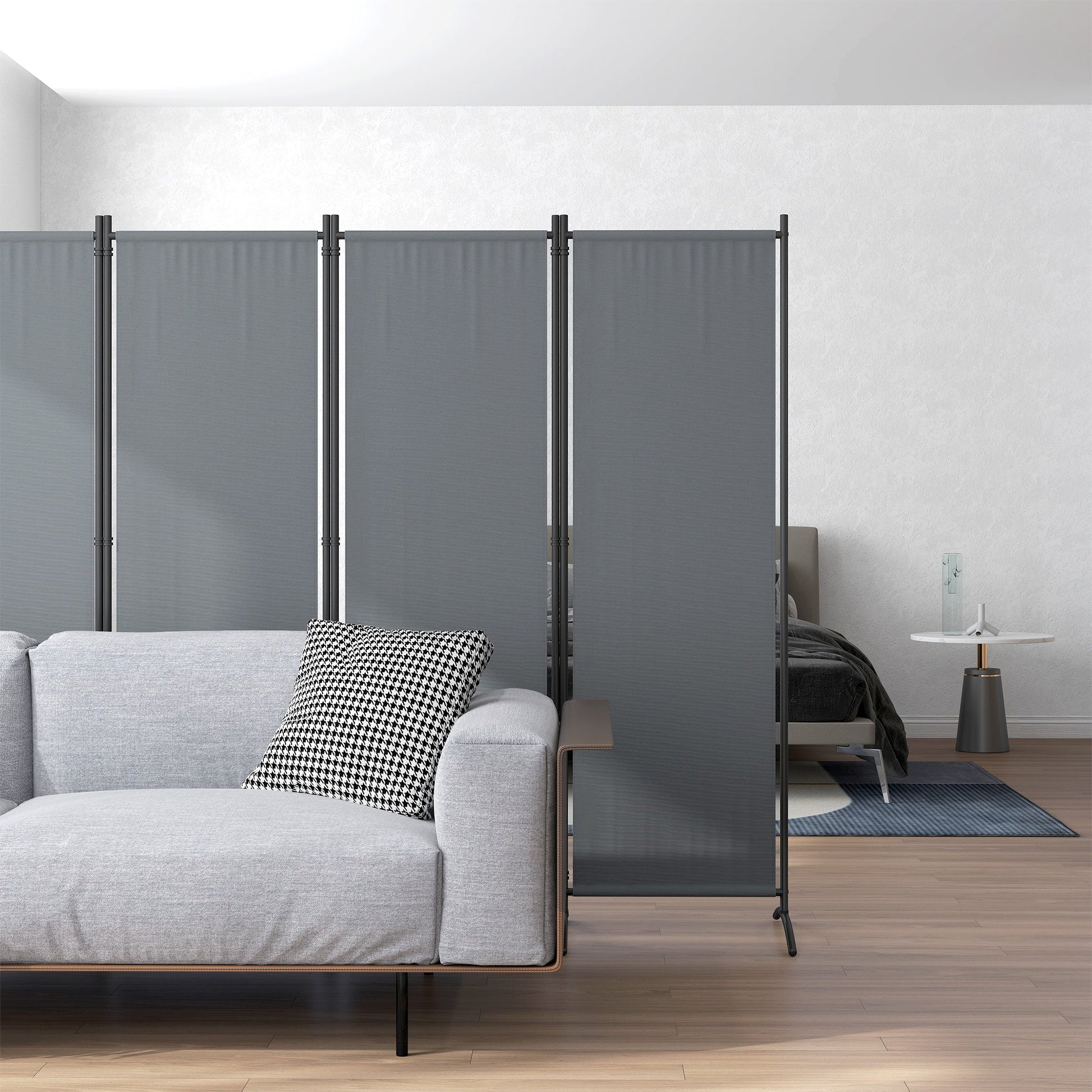 4 Panel Folding Room Divider, 5.6FT Privacy Screen with Wide Feet, Portable Freestanding Room Partition Separator for Home Office Bedroom, Dark Grey
