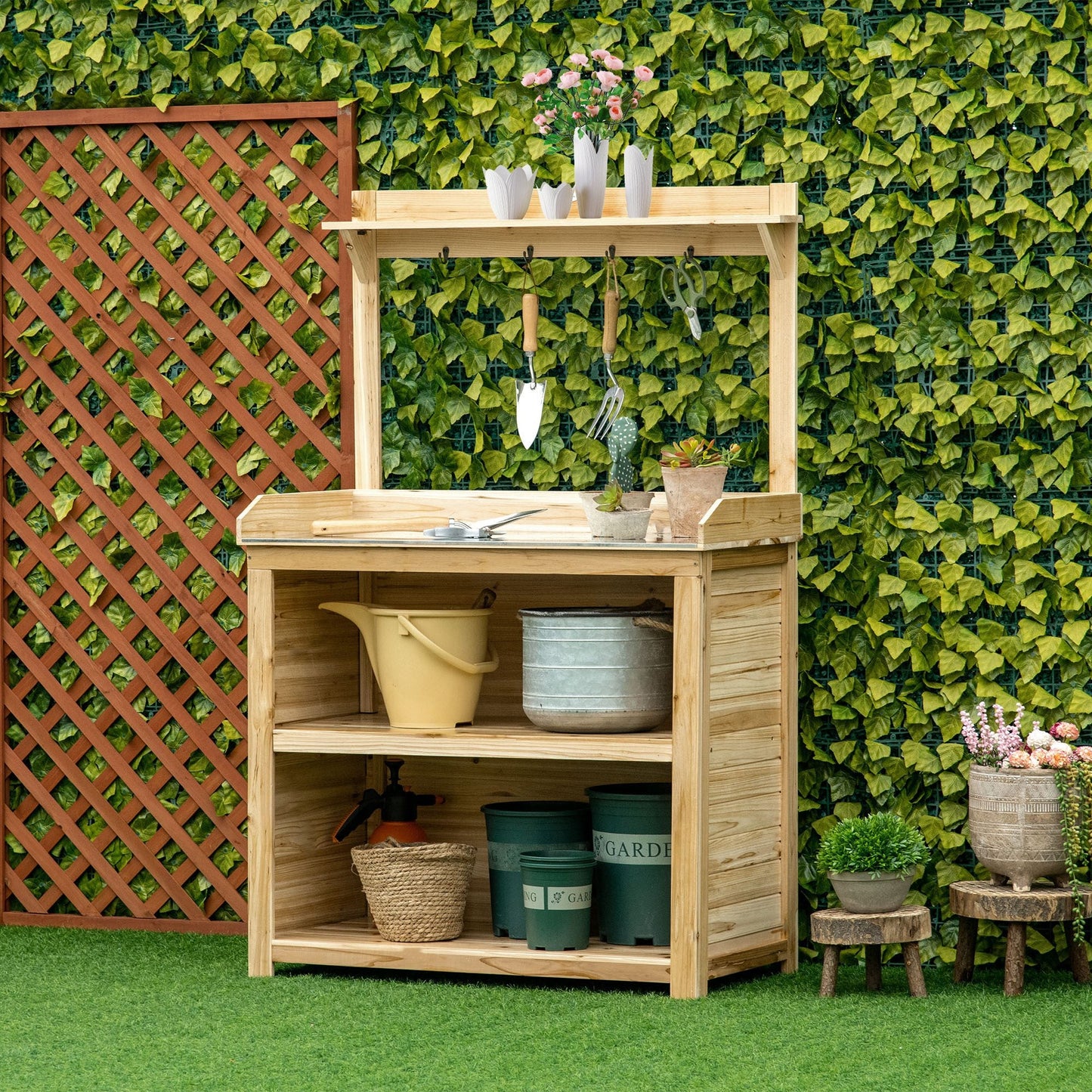 Potting Bench Table, Wooden Garden Workstation Bench with Galvanized Metal Tabletop, Storage Shelves and Hooks for Patios, Courtyards, Balcony