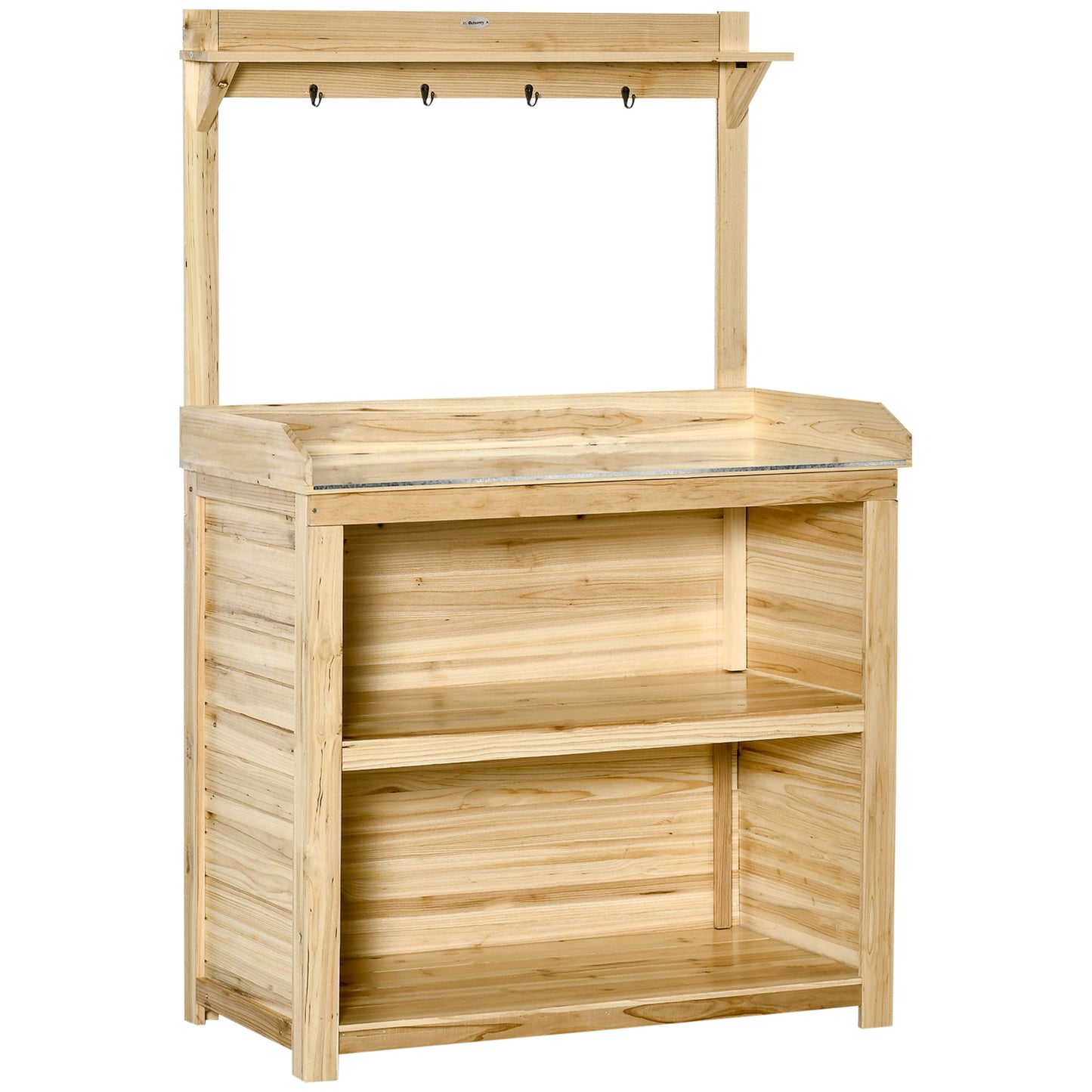 Potting Bench Table, Wooden Garden Workstation Bench with Galvanized Metal Tabletop, Storage Shelves and Hooks for Patios, Courtyards, Balcony