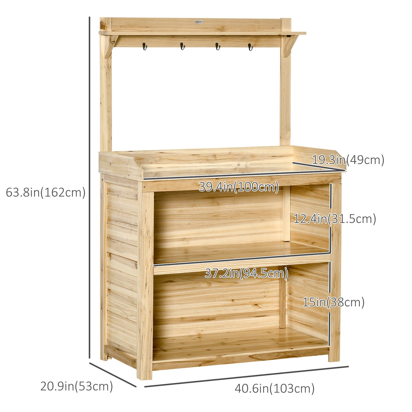 Potting Bench Table, Wooden Garden Workstation Bench with Galvanized Metal Tabletop, Storage Shelves and Hooks for Patios, Courtyards, Balcony