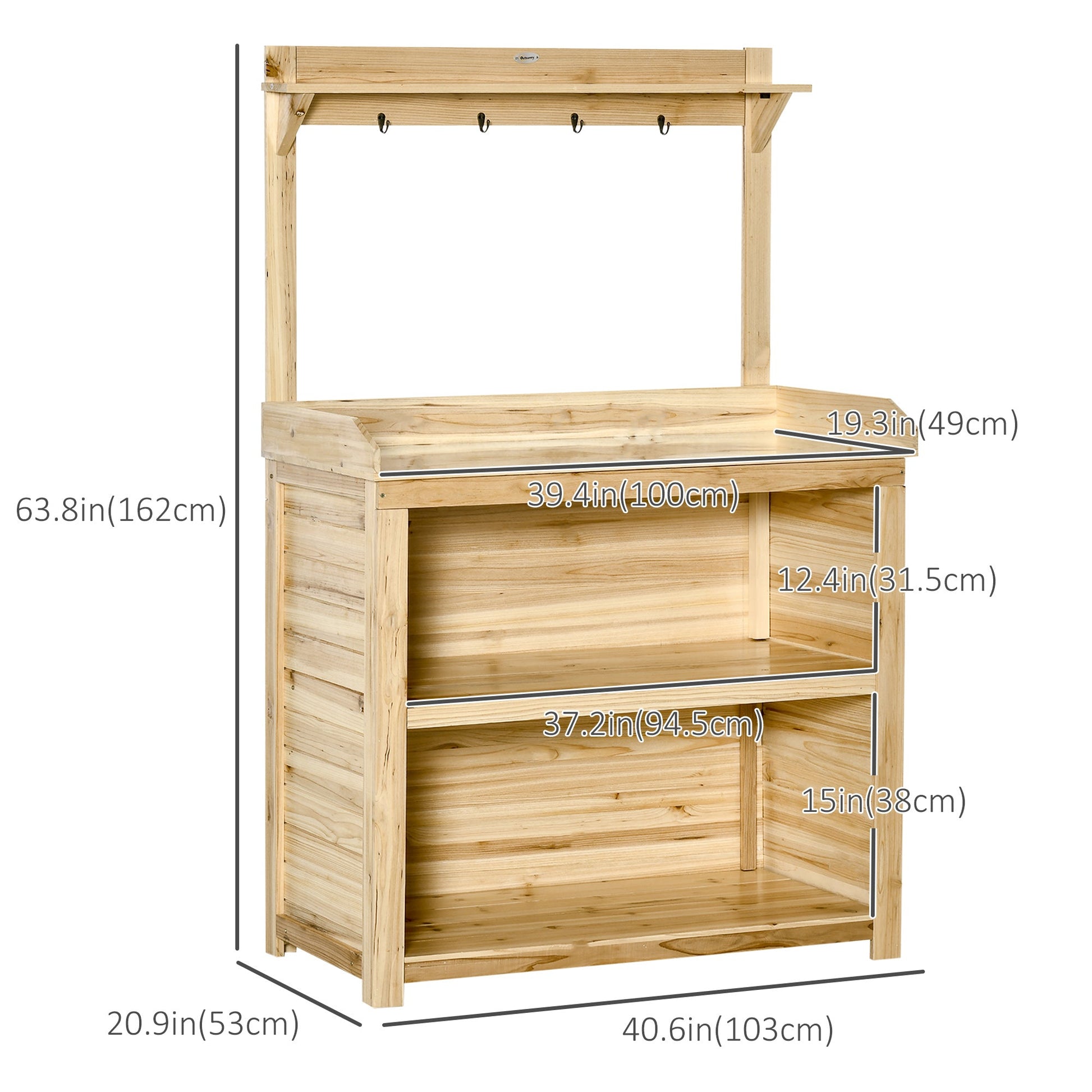 Potting Bench Table, Wooden Garden Workstation Bench with Galvanized Metal Tabletop, Storage Shelves and Hooks for Patios, Courtyards, Balcony