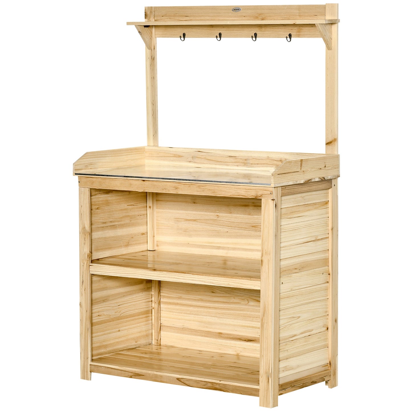 Potting Bench Table, Wooden Garden Workstation Bench with Galvanized Metal Tabletop, Storage Shelves and Hooks for Patios, Courtyards, Balcony