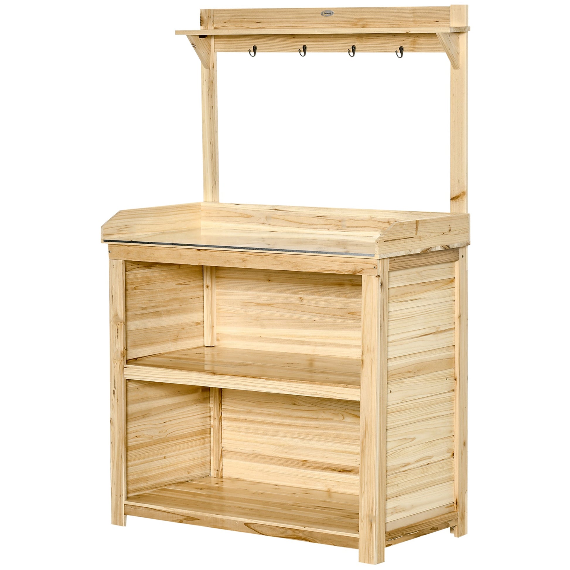 Potting Bench Table, Wooden Garden Workstation Bench with Galvanized Metal Tabletop, Storage Shelves and Hooks for Patios, Courtyards, Balcony